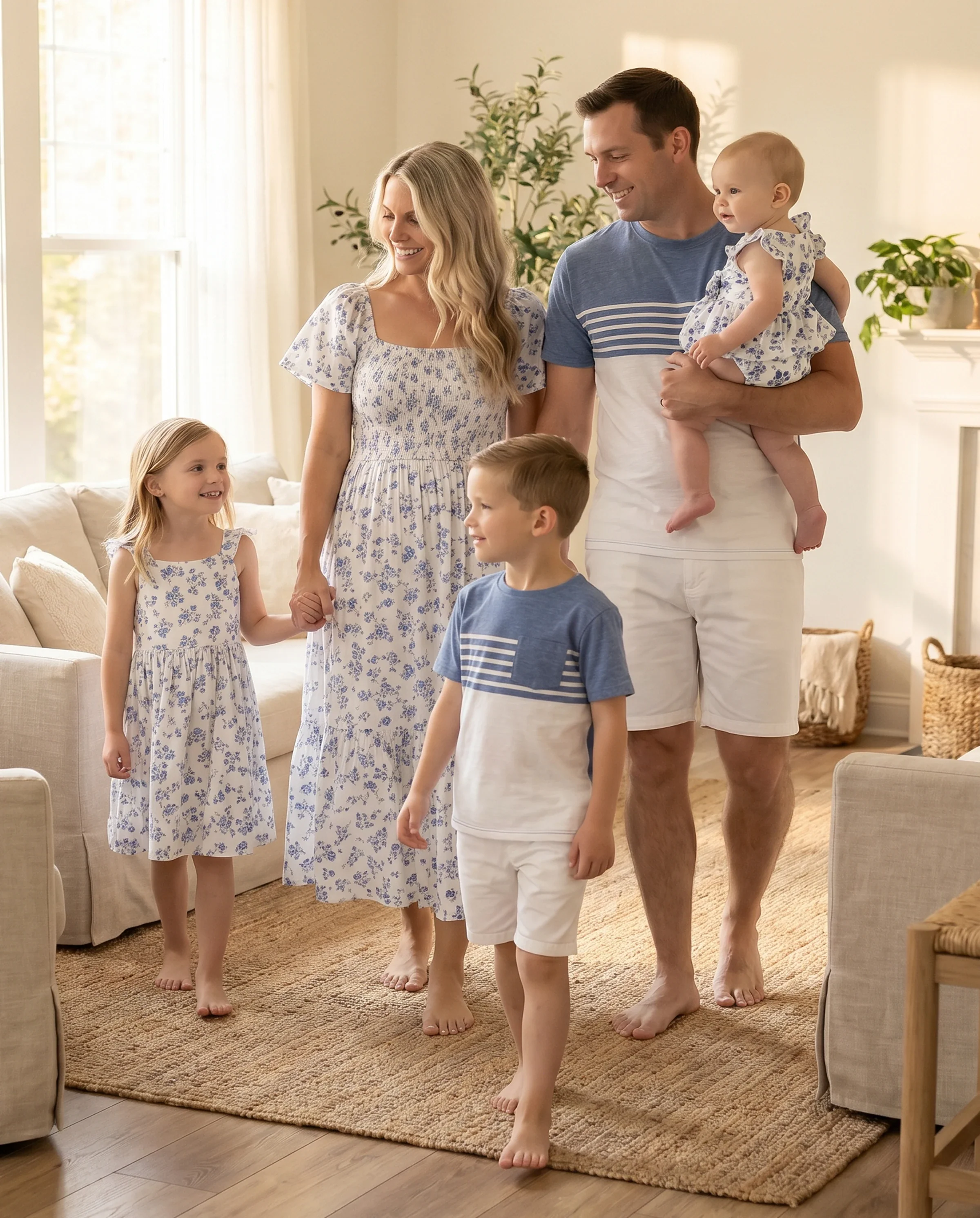 Family Matching Outfit: Floral Smocking Casual Suit BLUEWHITE - Image 11