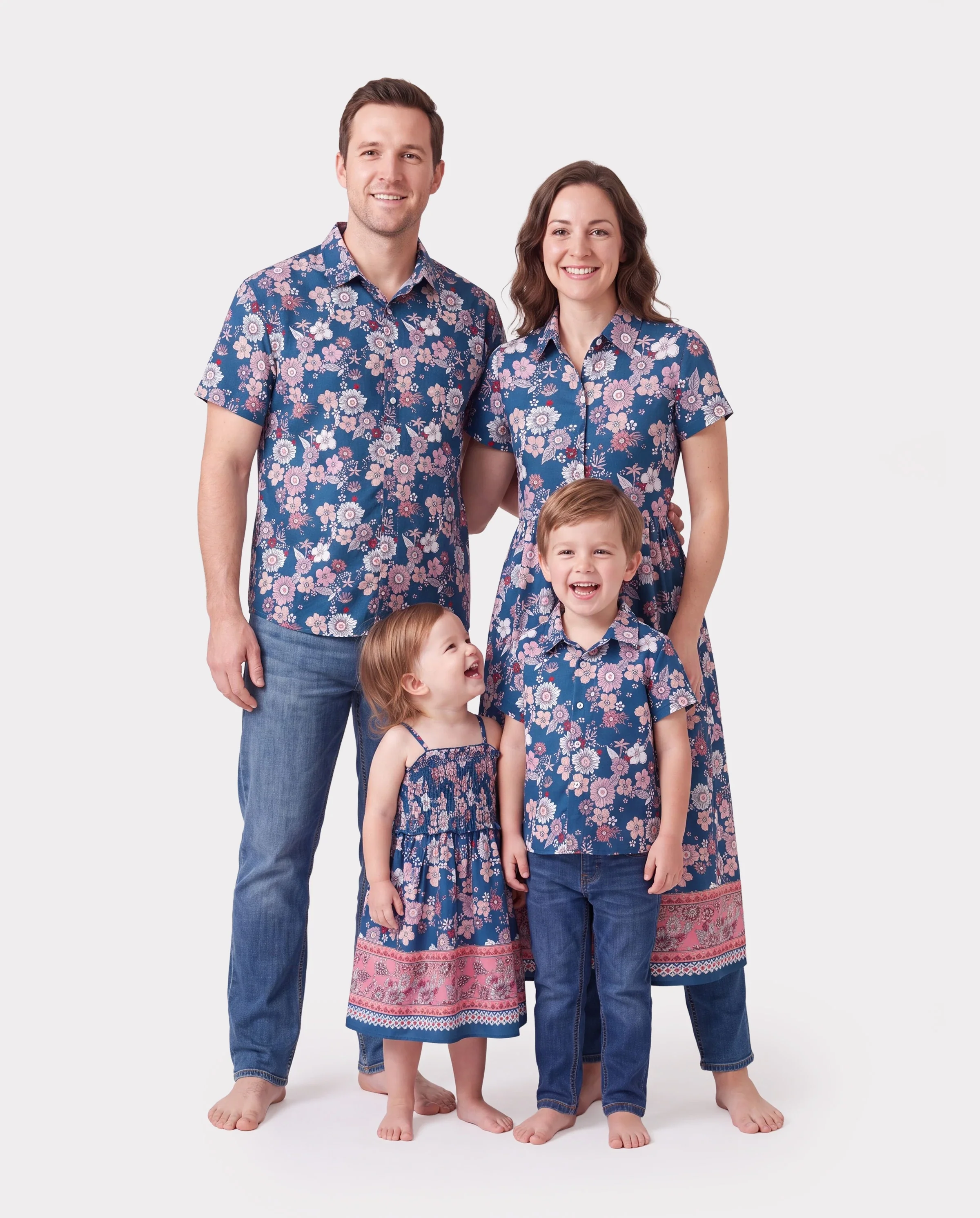 Family matching outfits Floral Allover Print Short-sleeve Collar Shirt or Halter Sleeveless Dress for Summer Vacation CYAN-