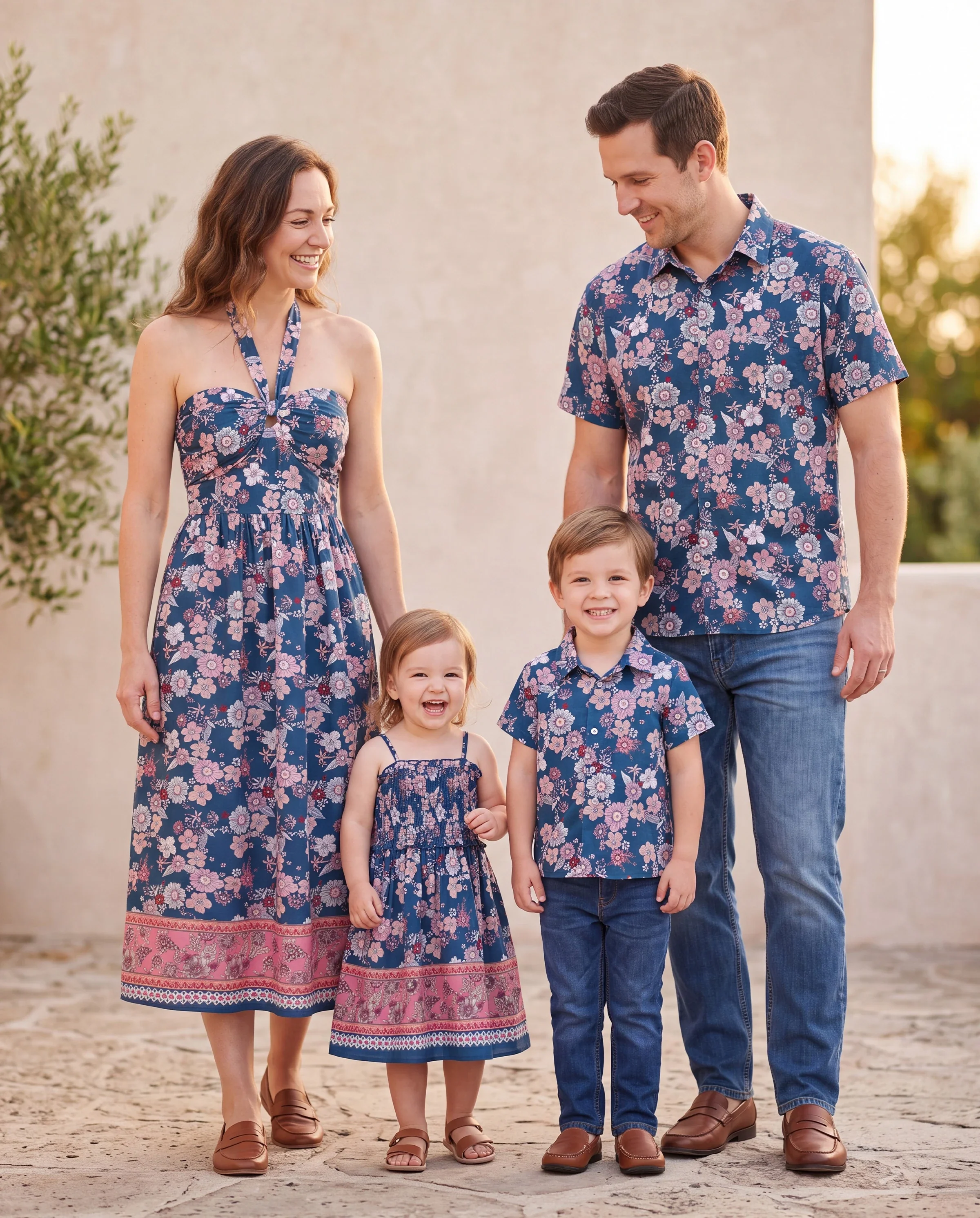 Family matching outfits Floral Allover Print Short-sleeve Collar Shirt or Halter Sleeveless Dress for Summer Vacation CYAN- - Image 10