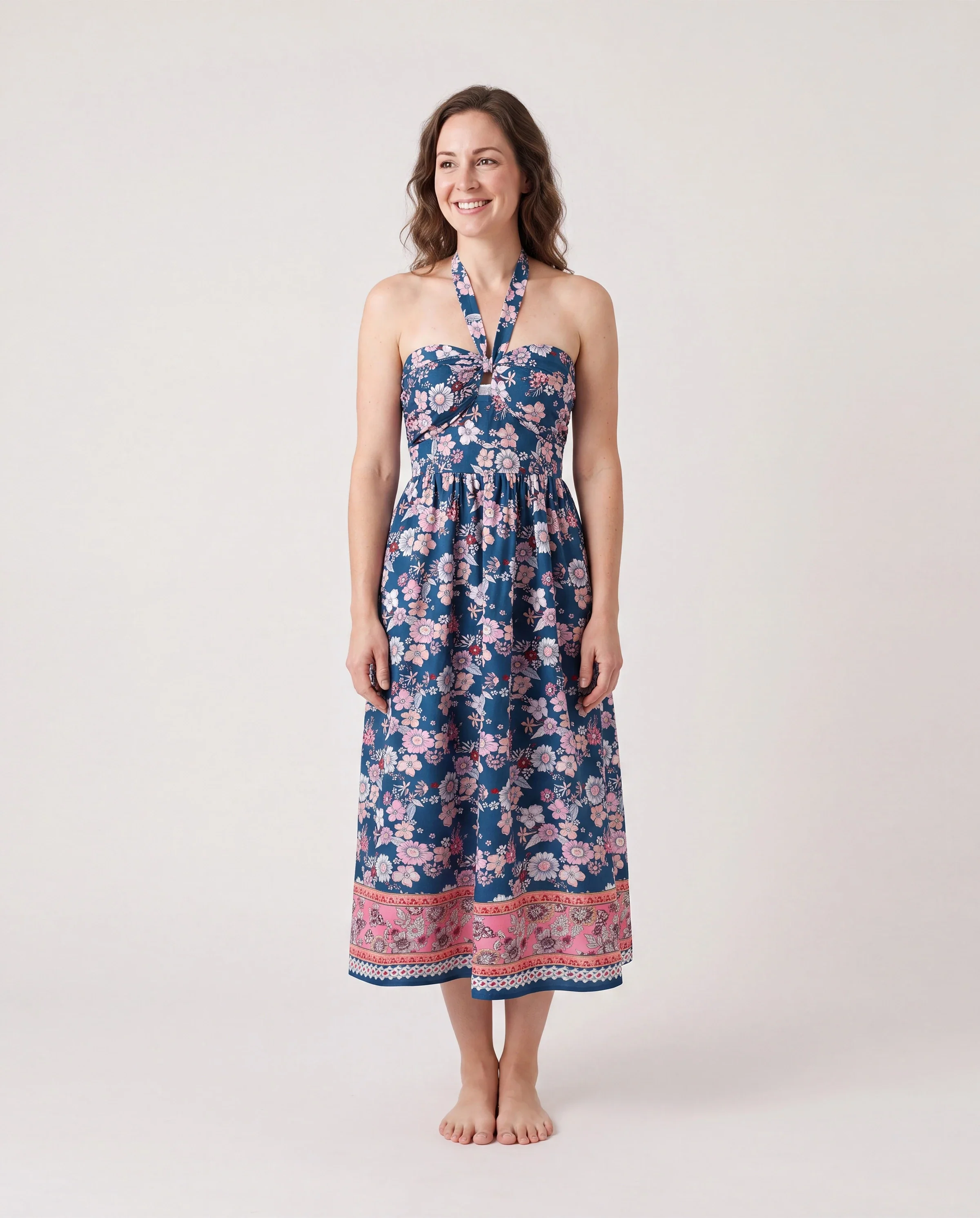 Family matching outfits Floral Allover Print Short-sleeve Collar Shirt or Halter Sleeveless Dress for Summer Vacation CYAN- - Image 2