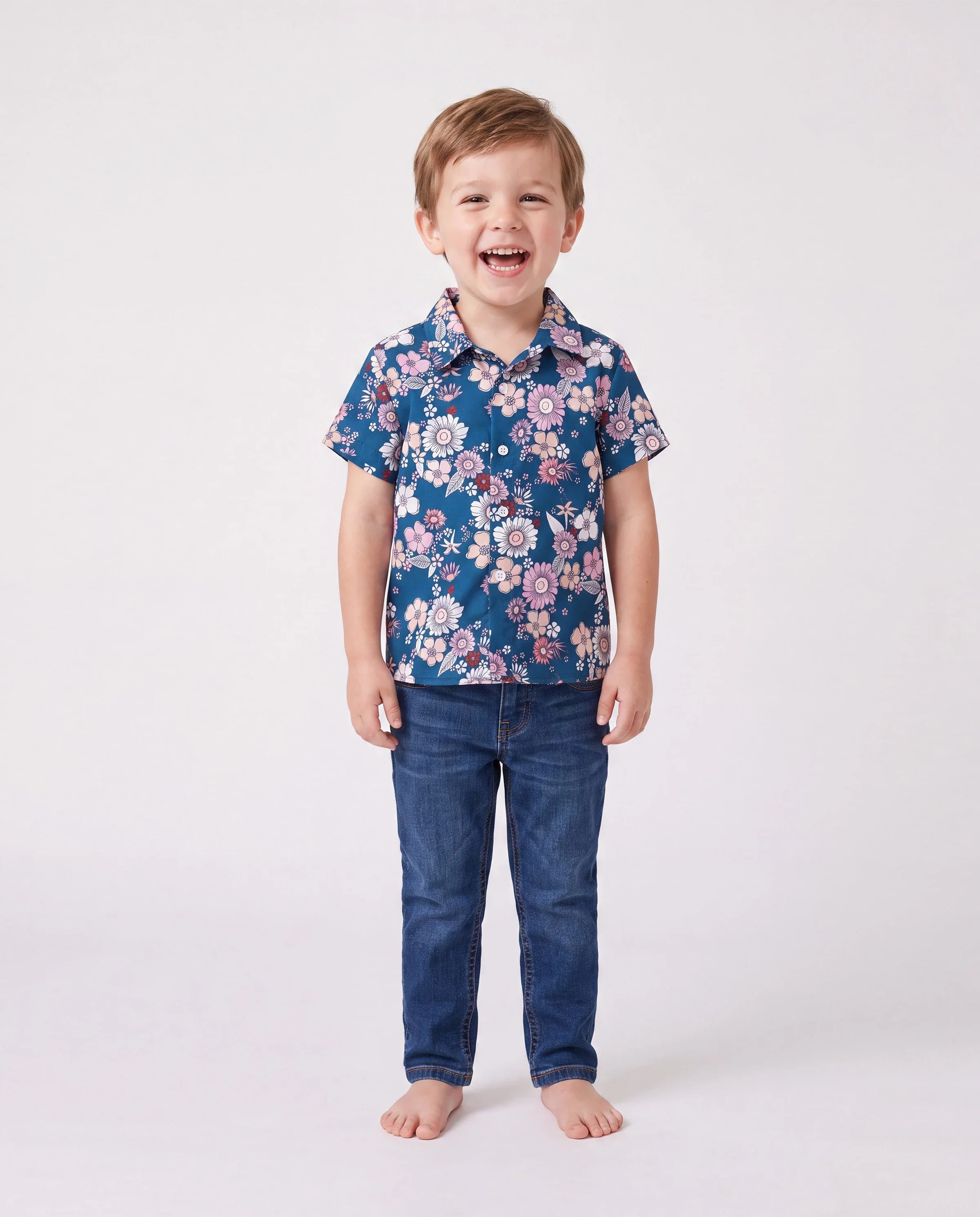 Family matching outfits Floral Allover Print Short-sleeve Collar Shirt or Halter Sleeveless Dress for Summer Vacation CYAN- - Image 4
