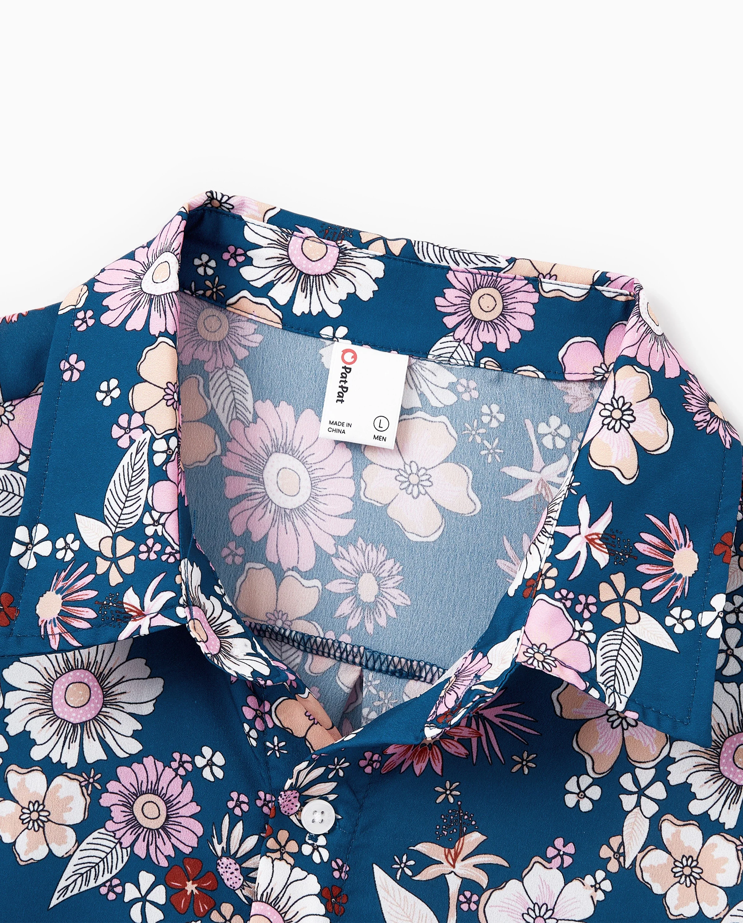 Family matching outfits Floral Allover Print Short-sleeve Collar Shirt or Halter Sleeveless Dress for Summer Vacation CYAN- - Image 7