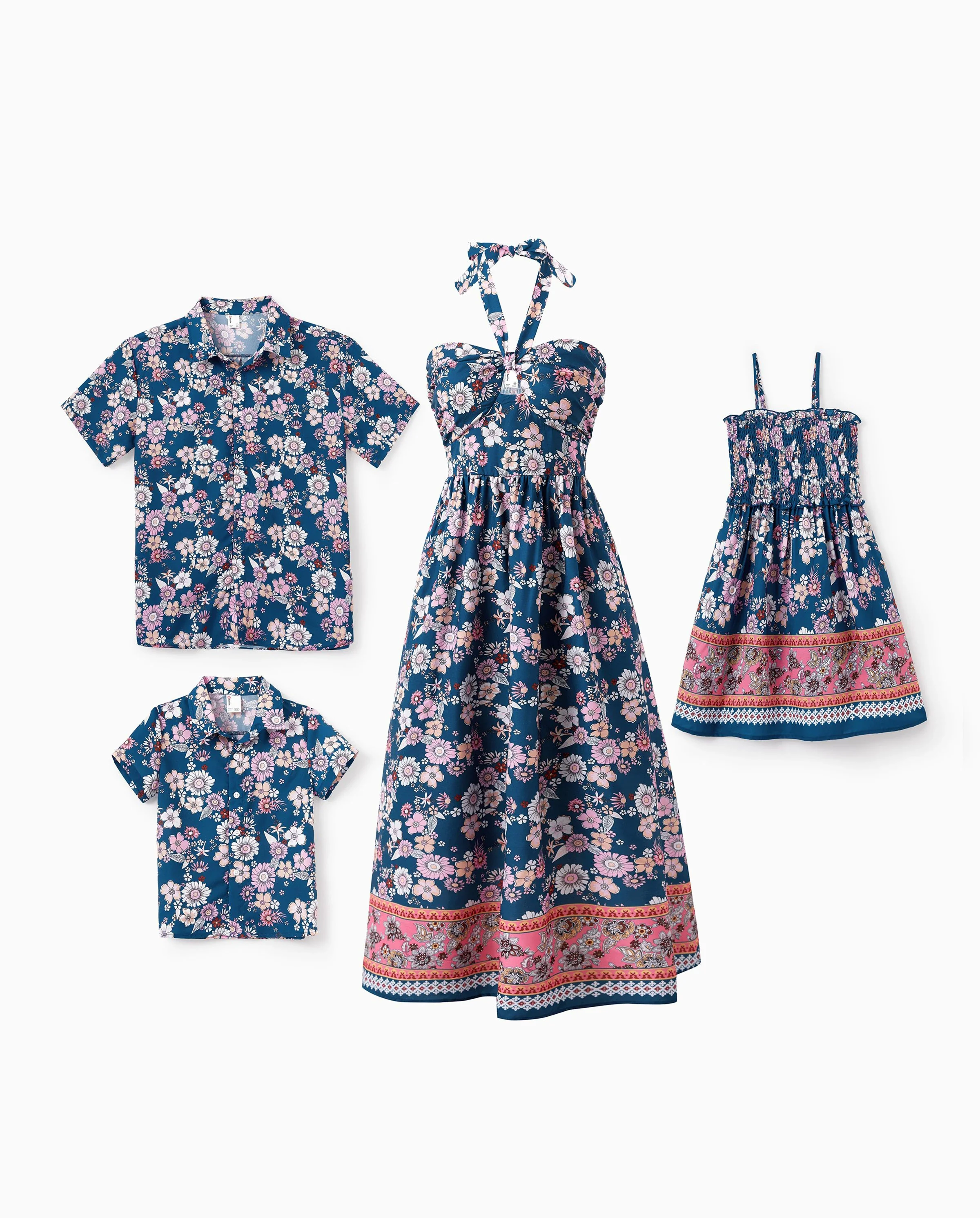 Family matching outfits Floral Allover Print Short-sleeve Collar Shirt or Halter Sleeveless Dress for Summer Vacation CYAN- - Image 9