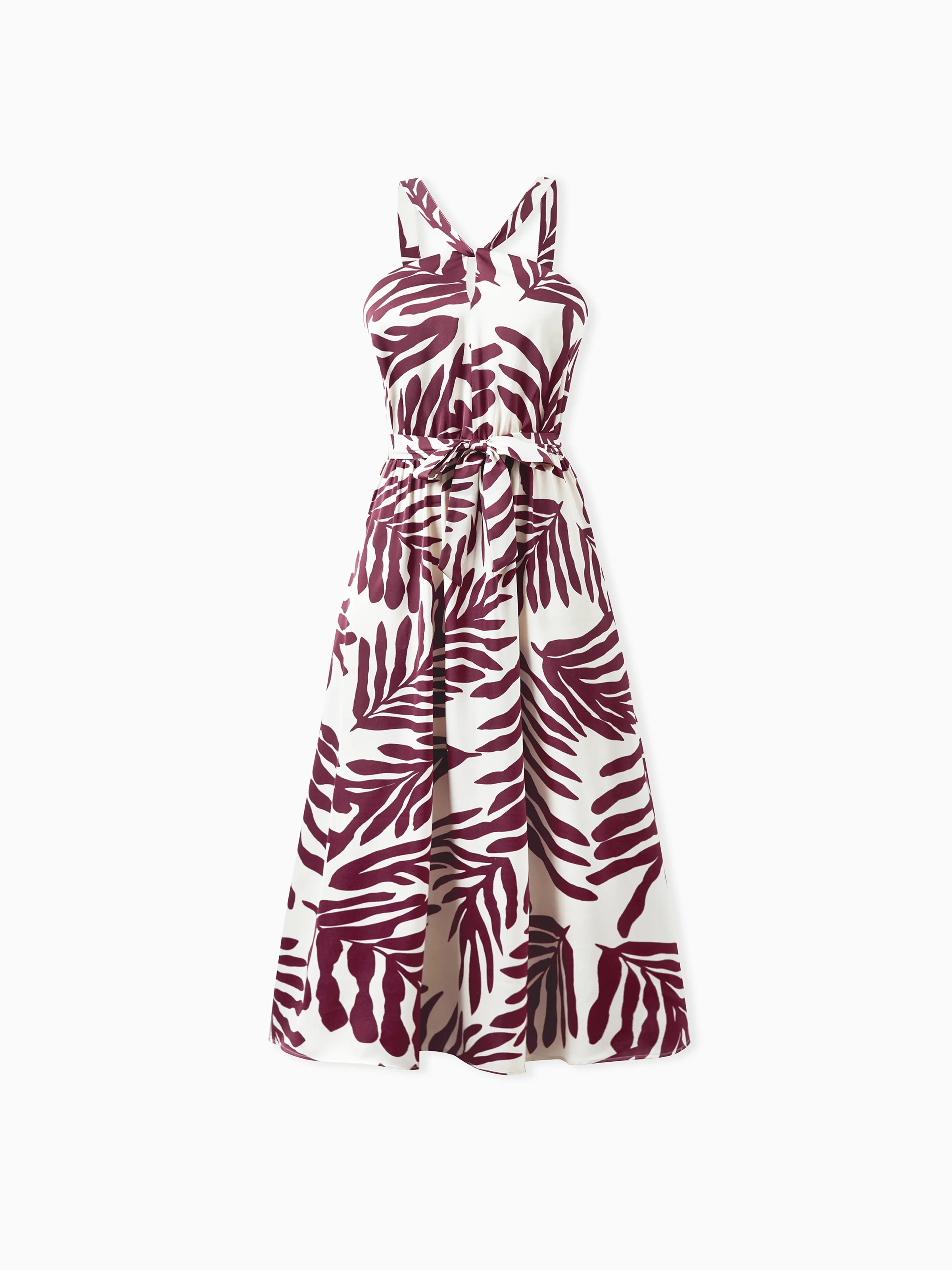 Family Matching Outfits Red Leaf Print Shirts and Strap Belted Dress for Hawaii/Cruise/Resort/Casual Wear White - Image 3