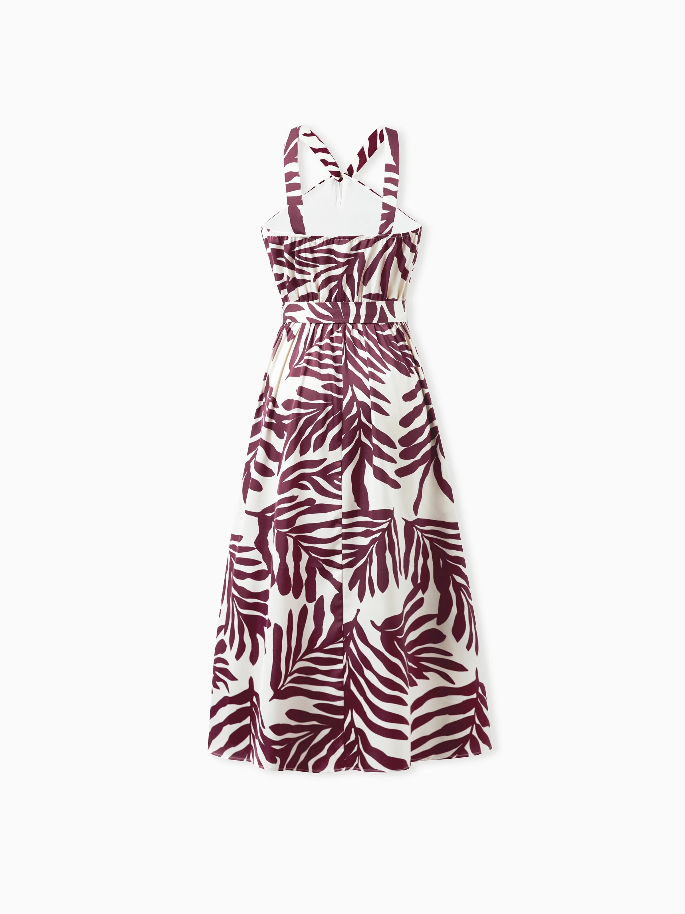 Family Matching Outfits Red Leaf Print Shirts and Strap Belted Dress for Hawaii/Cruise/Resort/Casual Wear White - Image 4