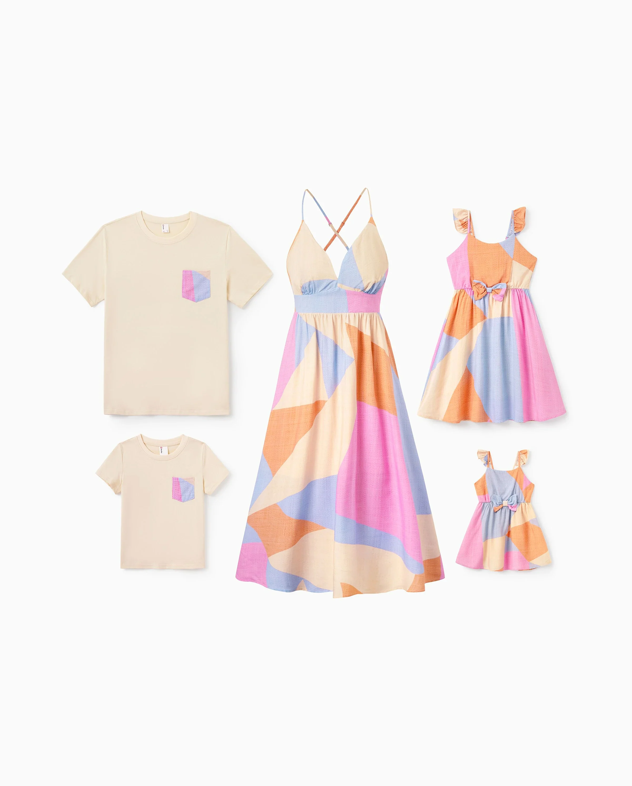 Family Matching Outfits Set Colorblock Sleeveless Strappy Dress or Short-sleeve T-shirt Multi-color - Image 10