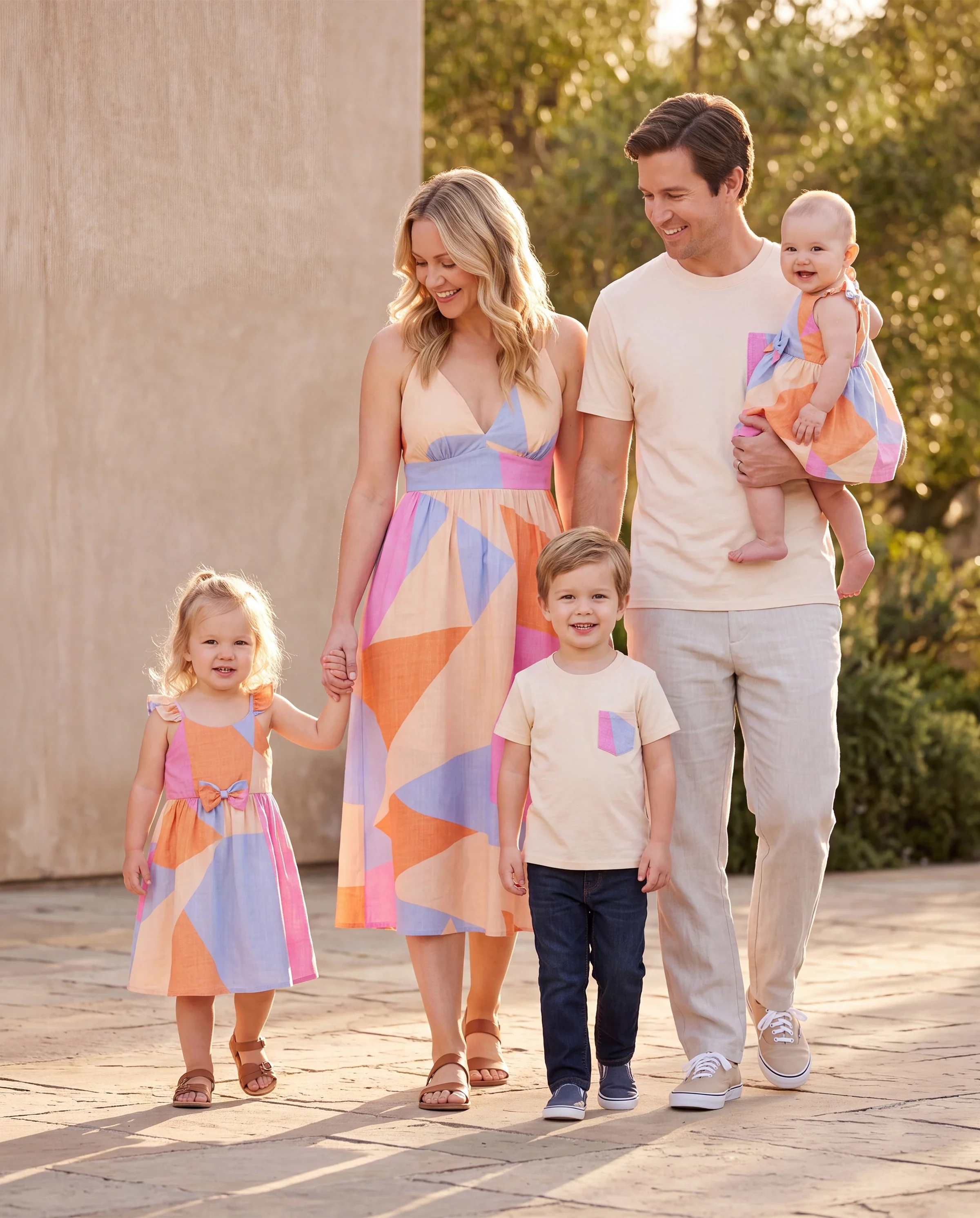Family Matching Outfits Set Colorblock Sleeveless Strappy Dress or Short-sleeve T-shirt Multi-color - Image 11