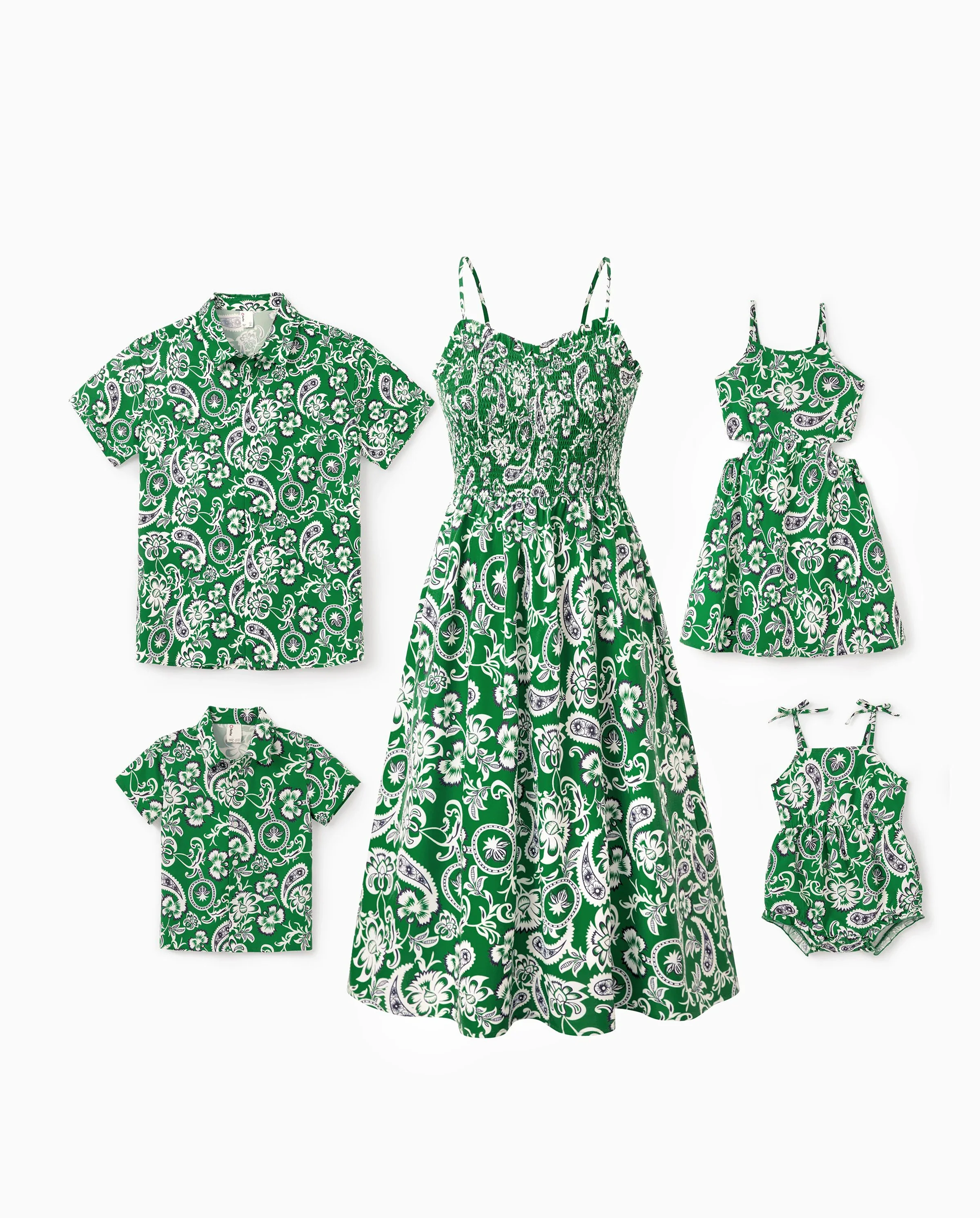 Family Matching Outfits Set Floral Print Short-sleeve Collar Shirt or Strappy Smocked Dress for Summer Vacation Green - Image 10