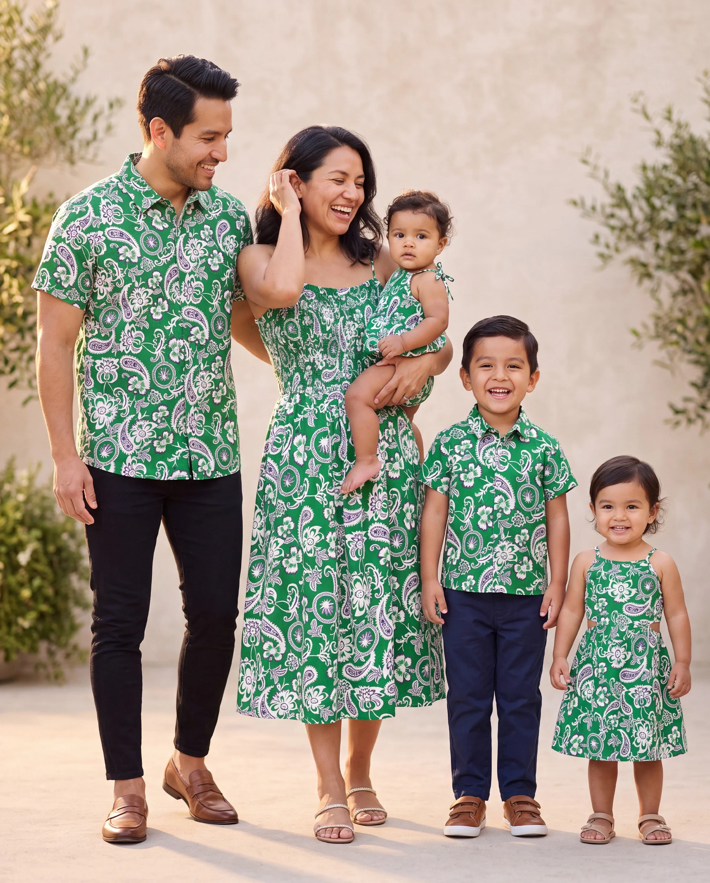 Family Matching Outfits Set Floral Print Short-sleeve Collar Shirt or Strappy Smocked Dress for Summer Vacation Green - Image 11