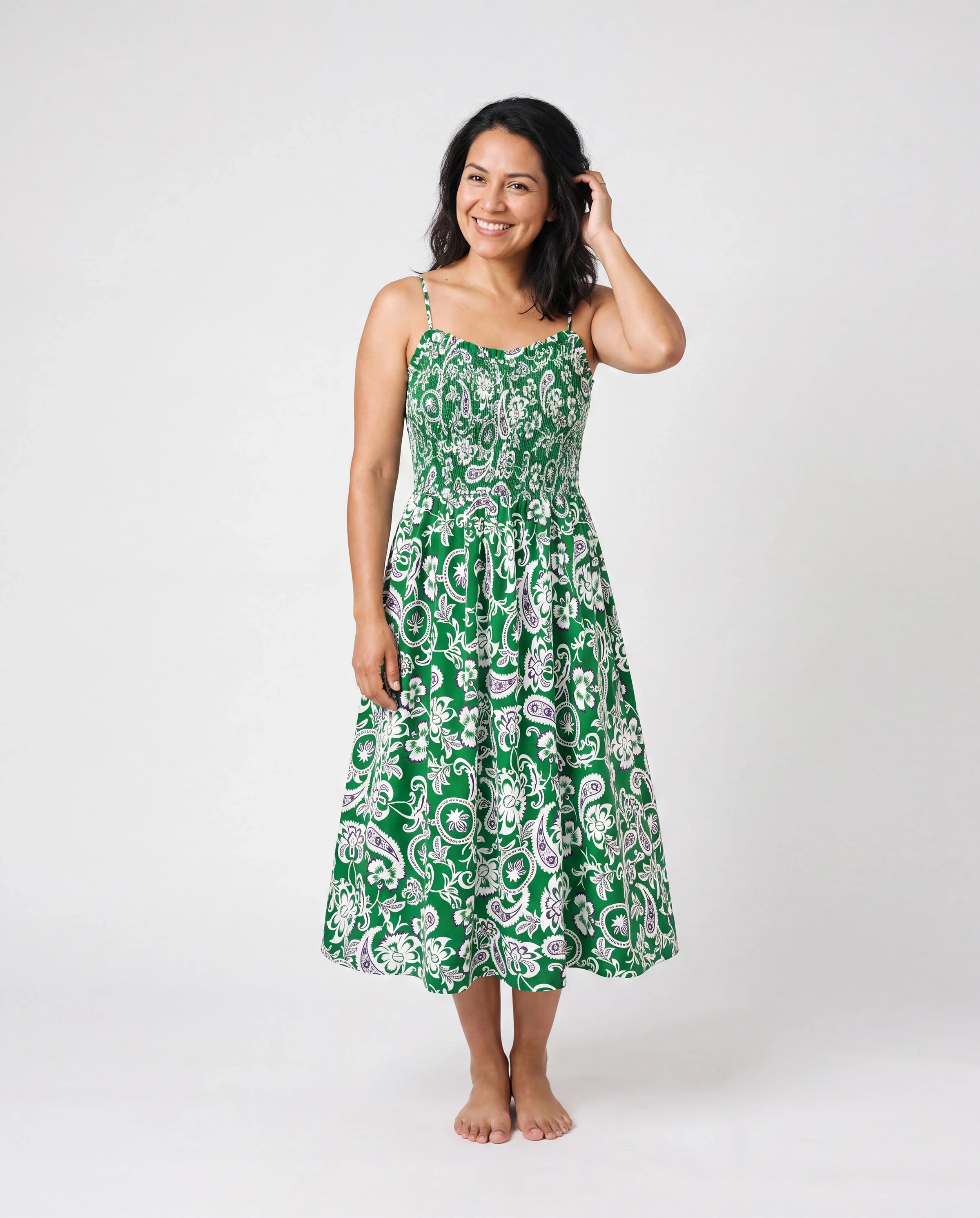 Family Matching Outfits Set Floral Print Short-sleeve Collar Shirt or Strappy Smocked Dress for Summer Vacation Green - Image 2