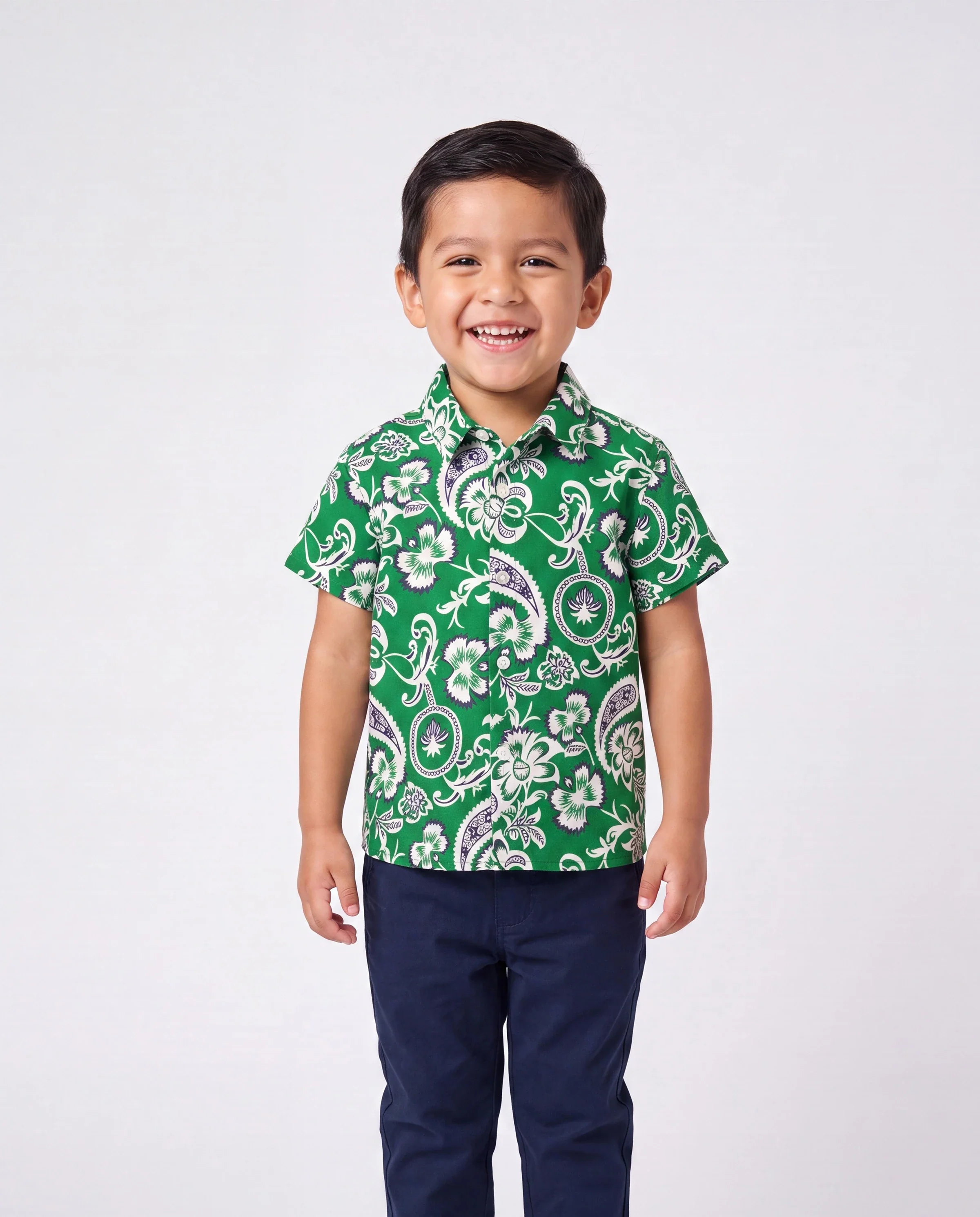 Family Matching Outfits Set Floral Print Short-sleeve Collar Shirt or Strappy Smocked Dress for Summer Vacation Green - Image 5
