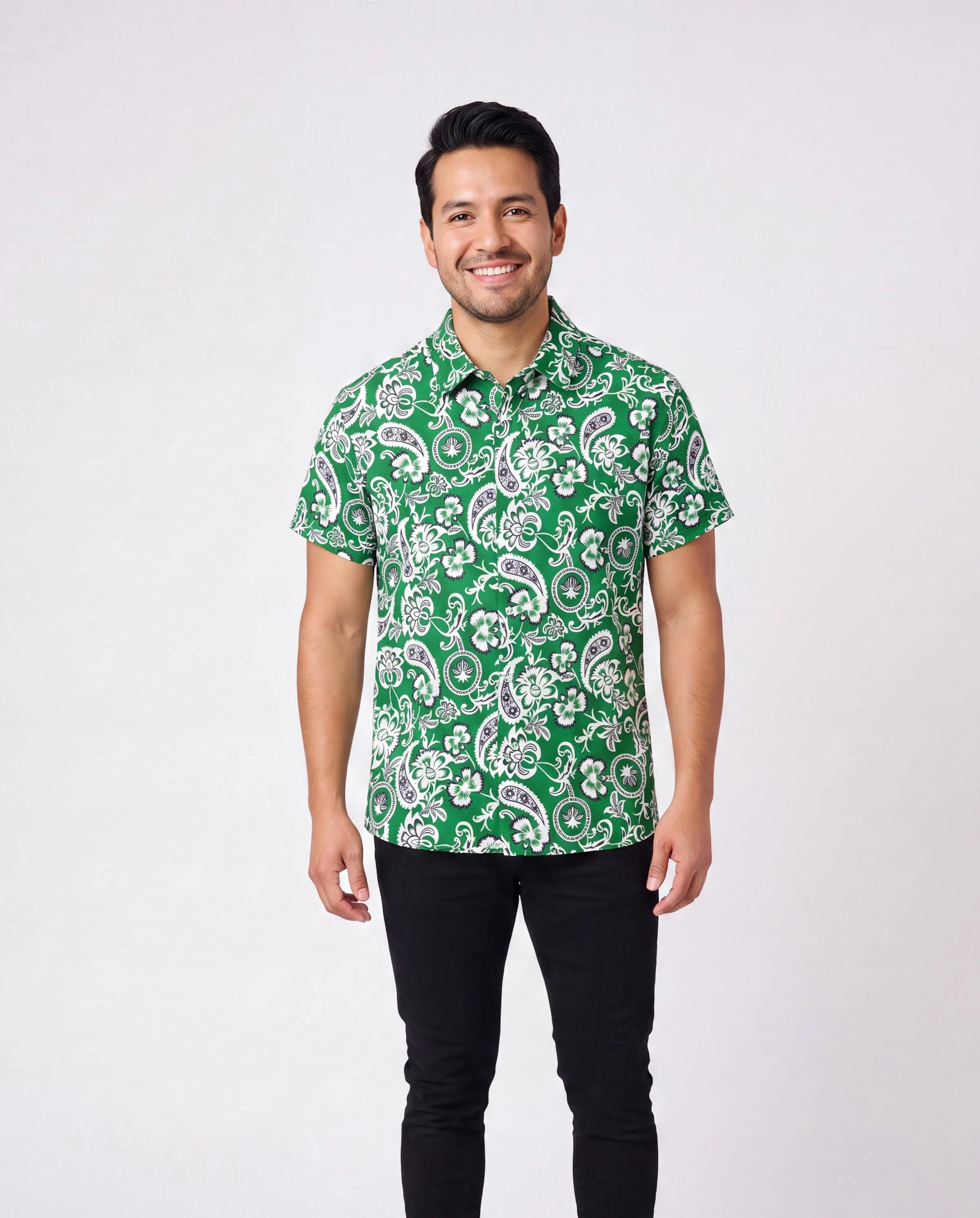 Family Matching Outfits Set Floral Print Short-sleeve Collar Shirt or Strappy Smocked Dress for Summer Vacation Green - Image 6