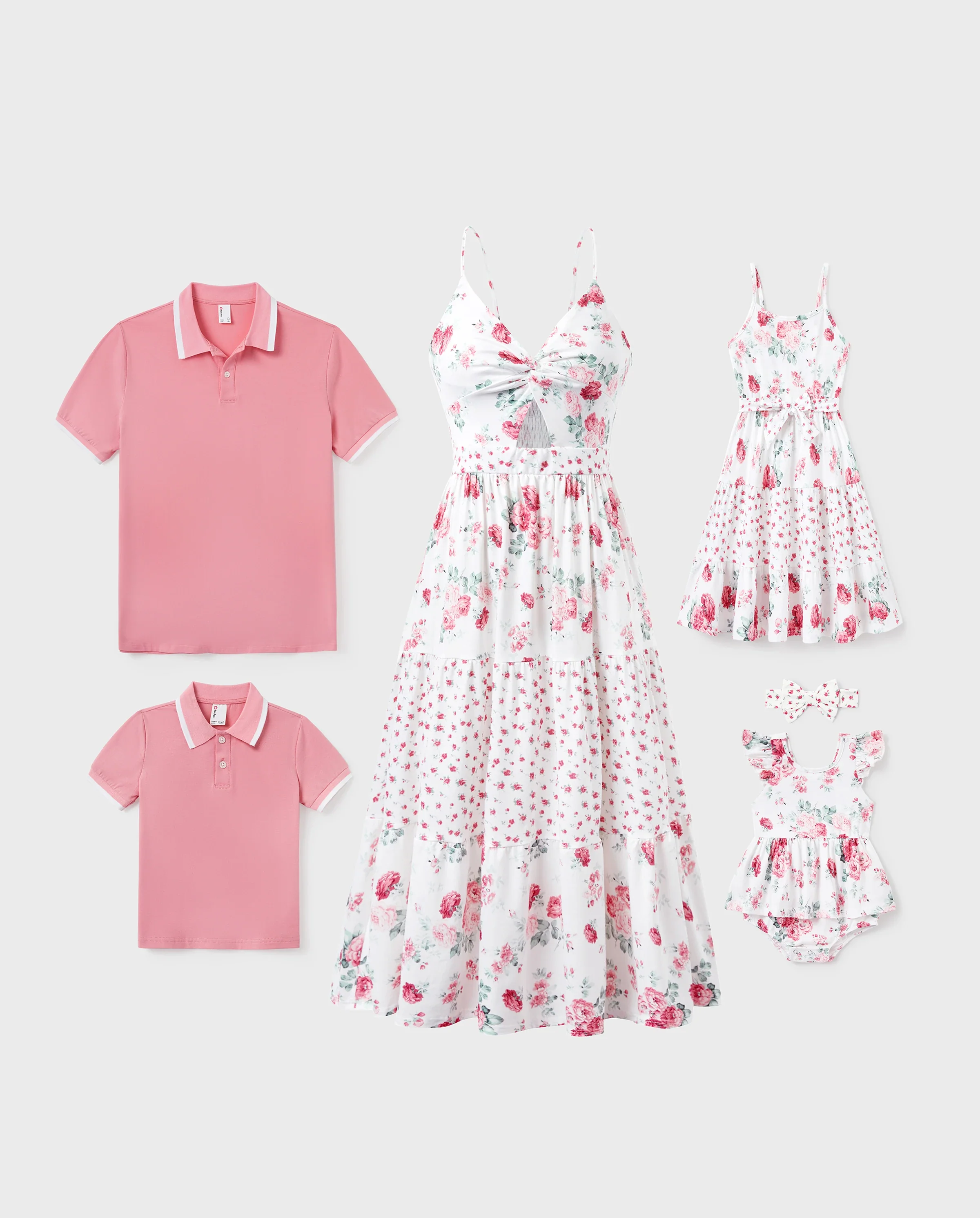 Family Matching Outfits Set Solid Color Short-sleeve Polo Collar Shirt or Flower Print Hollow out Dress Pink - Image 10