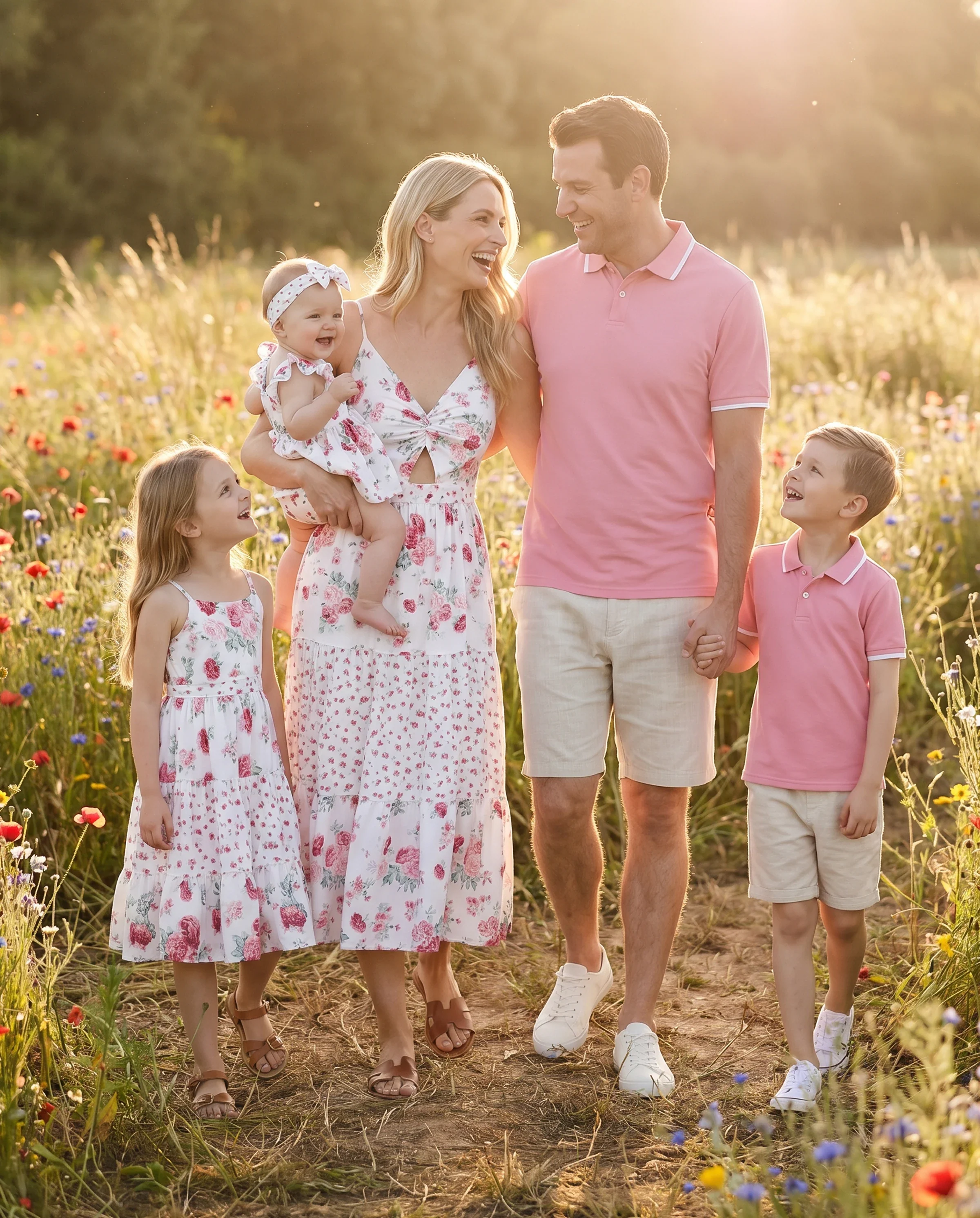 Family Matching Outfits Set Solid Color Short-sleeve Polo Collar Shirt or Flower Print Hollow out Dress Pink - Image 11