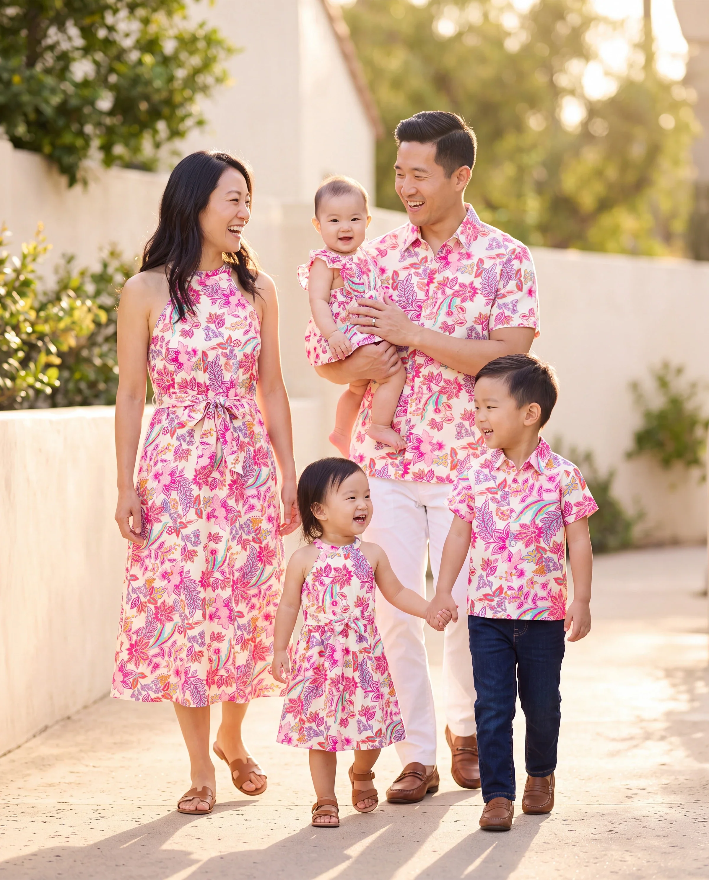 Family Matching Outfits Set Tropical Flora Print Short-sleeve Collar Shirt or Halter Belted Dress for Summer Vacation Beige - Image 11