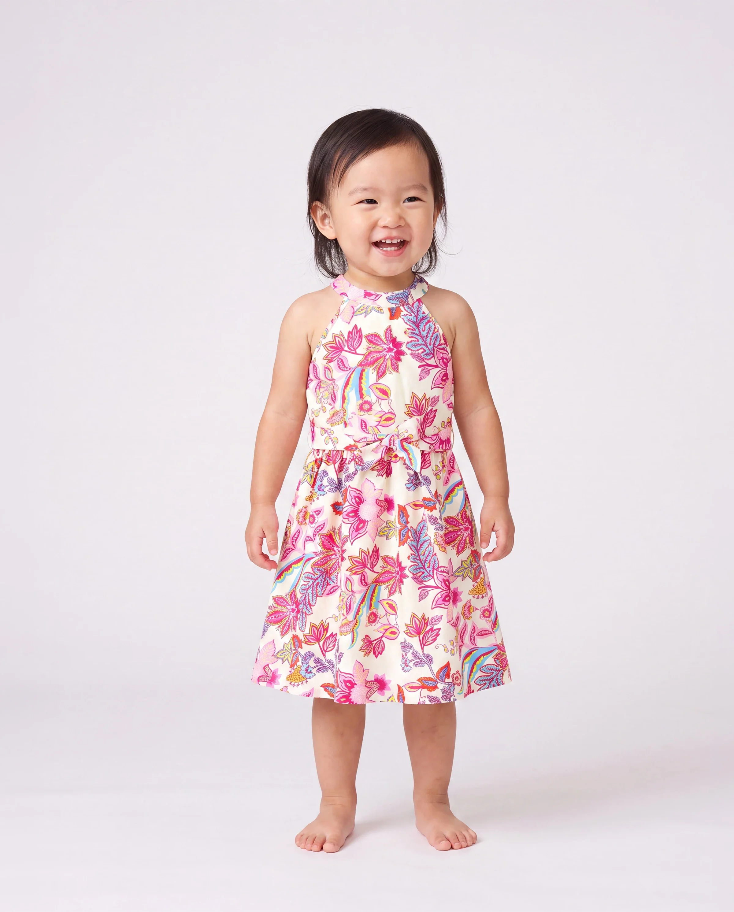 Family Matching Outfits Set Tropical Flora Print Short-sleeve Collar Shirt or Halter Belted Dress for Summer Vacation Beige - Image 3