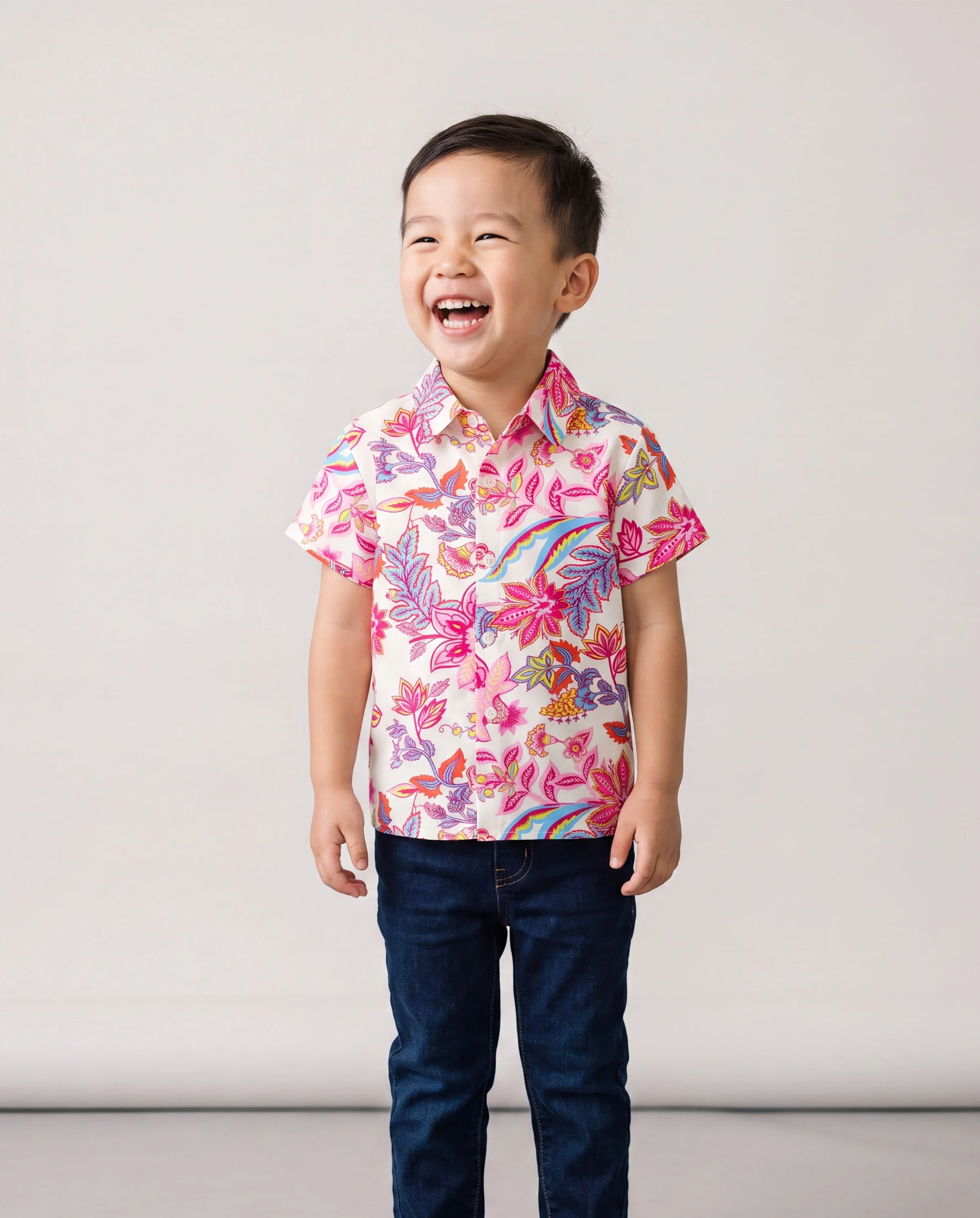 Family Matching Outfits Set Tropical Flora Print Short-sleeve Collar Shirt or Halter Belted Dress for Summer Vacation Beige - Image 5