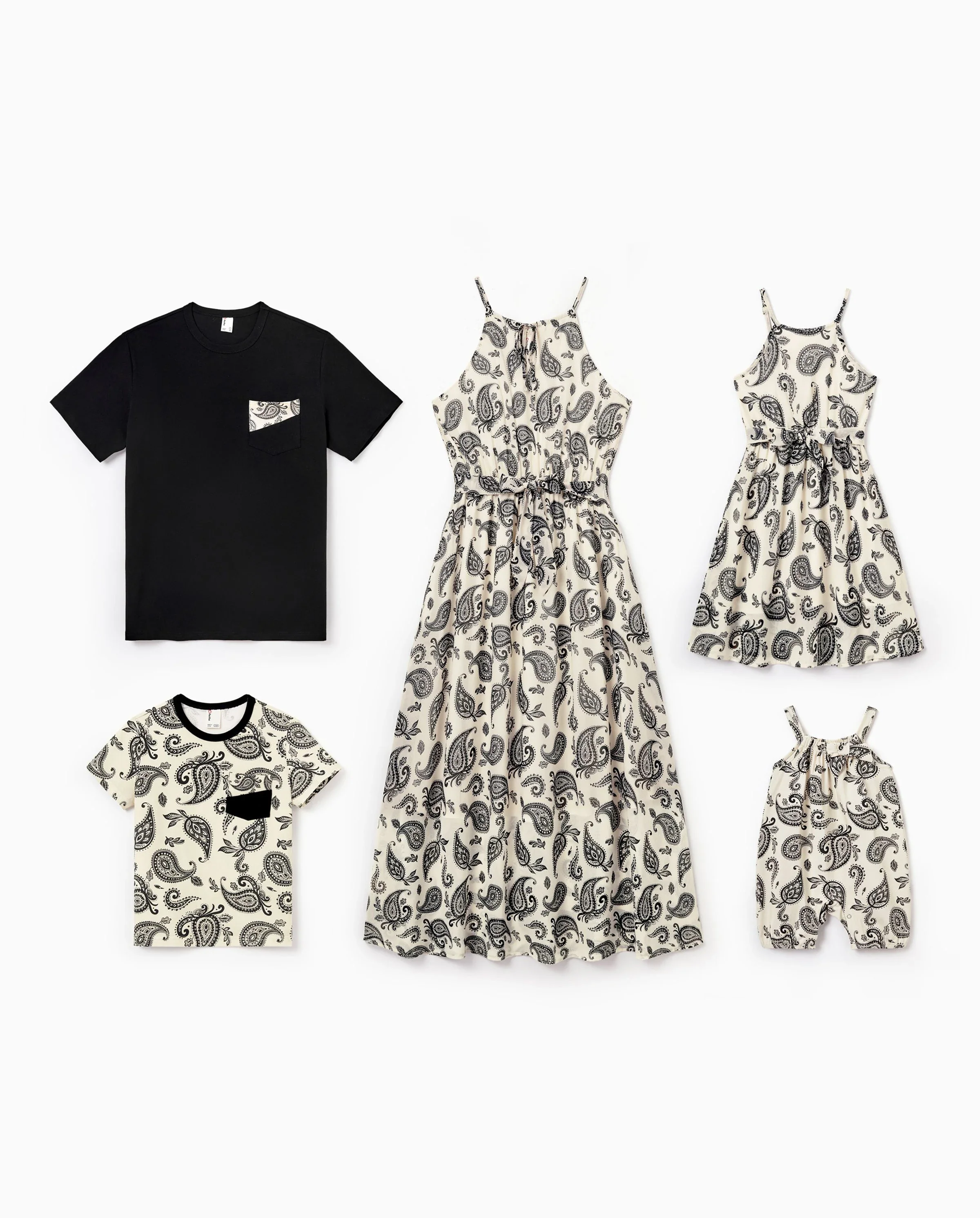 Family Matching Paisley Print Outfits Sleeveless Spaghetti Strap Dress & Cotton T-Shirt for Mom, Dad, & Kids Perfect for Family Outings & Photos
 Black - Image 10