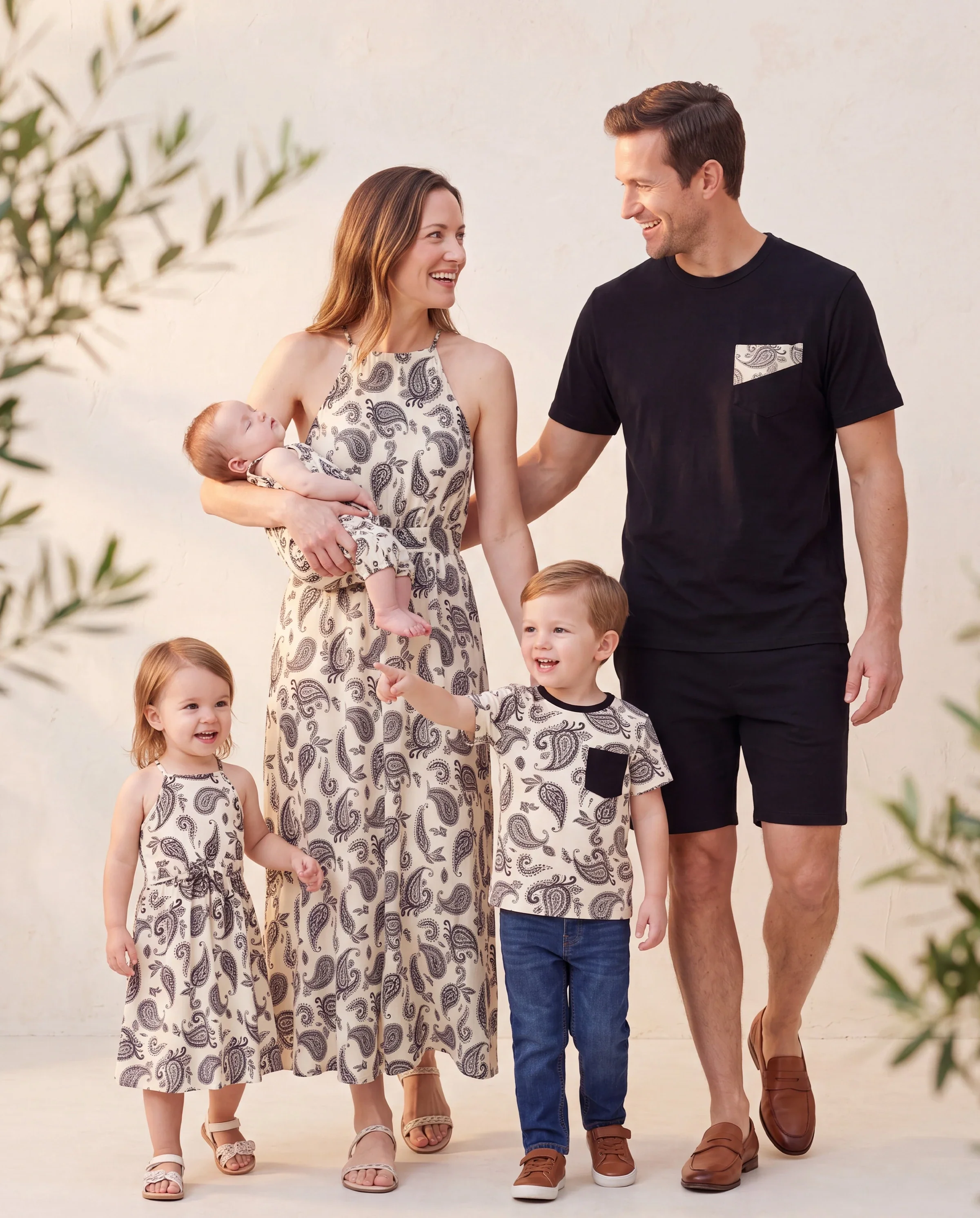 Family Matching Paisley Print Outfits Sleeveless Spaghetti Strap Dress & Cotton T-Shirt for Mom, Dad, & Kids Perfect for Family Outings & Photos
 Black - Image 11