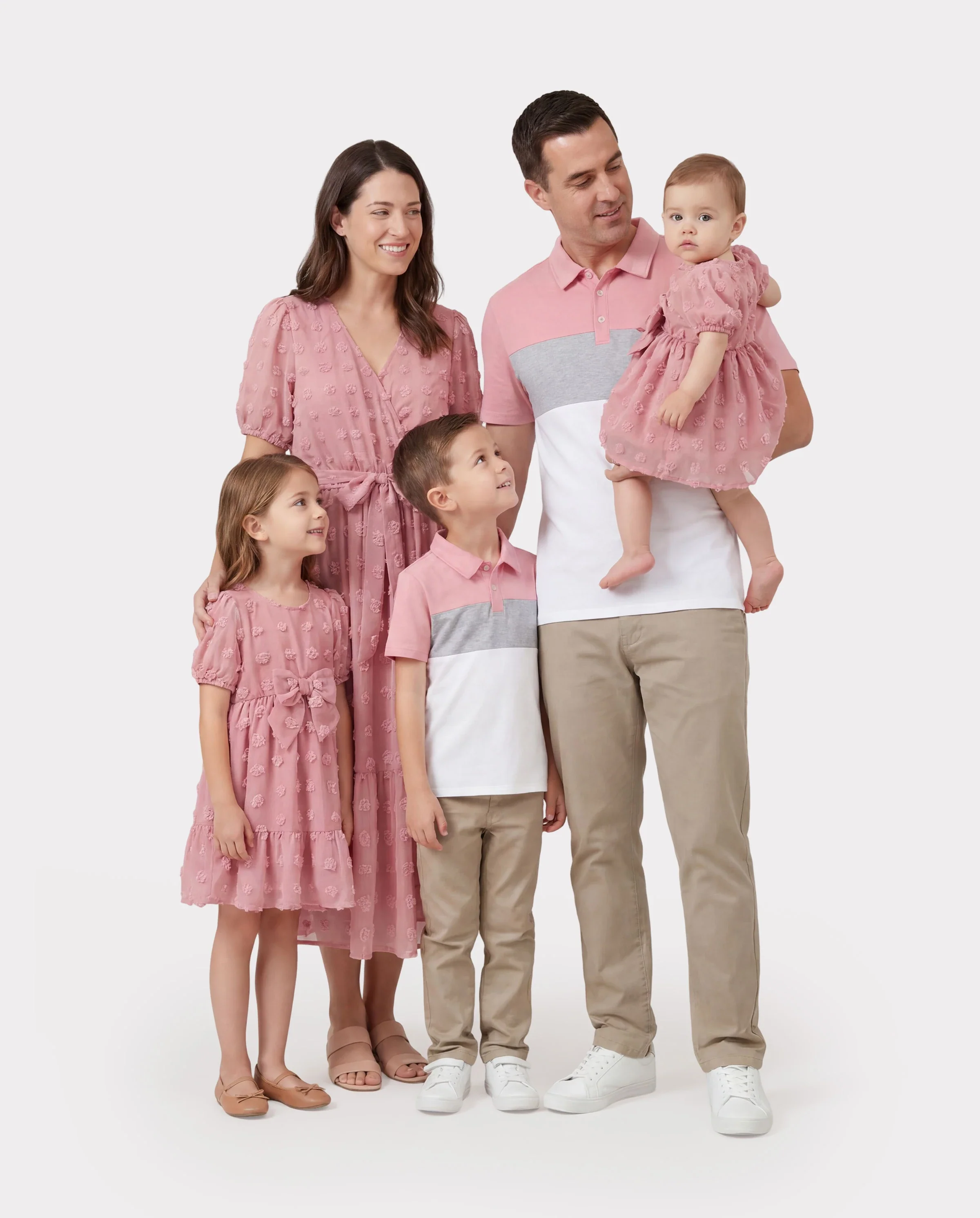 Family Matching Pink Set Solid Colorblock Polo collar Short-sleeve Shirt or Ruffle-sleeve Belted Dress Pink