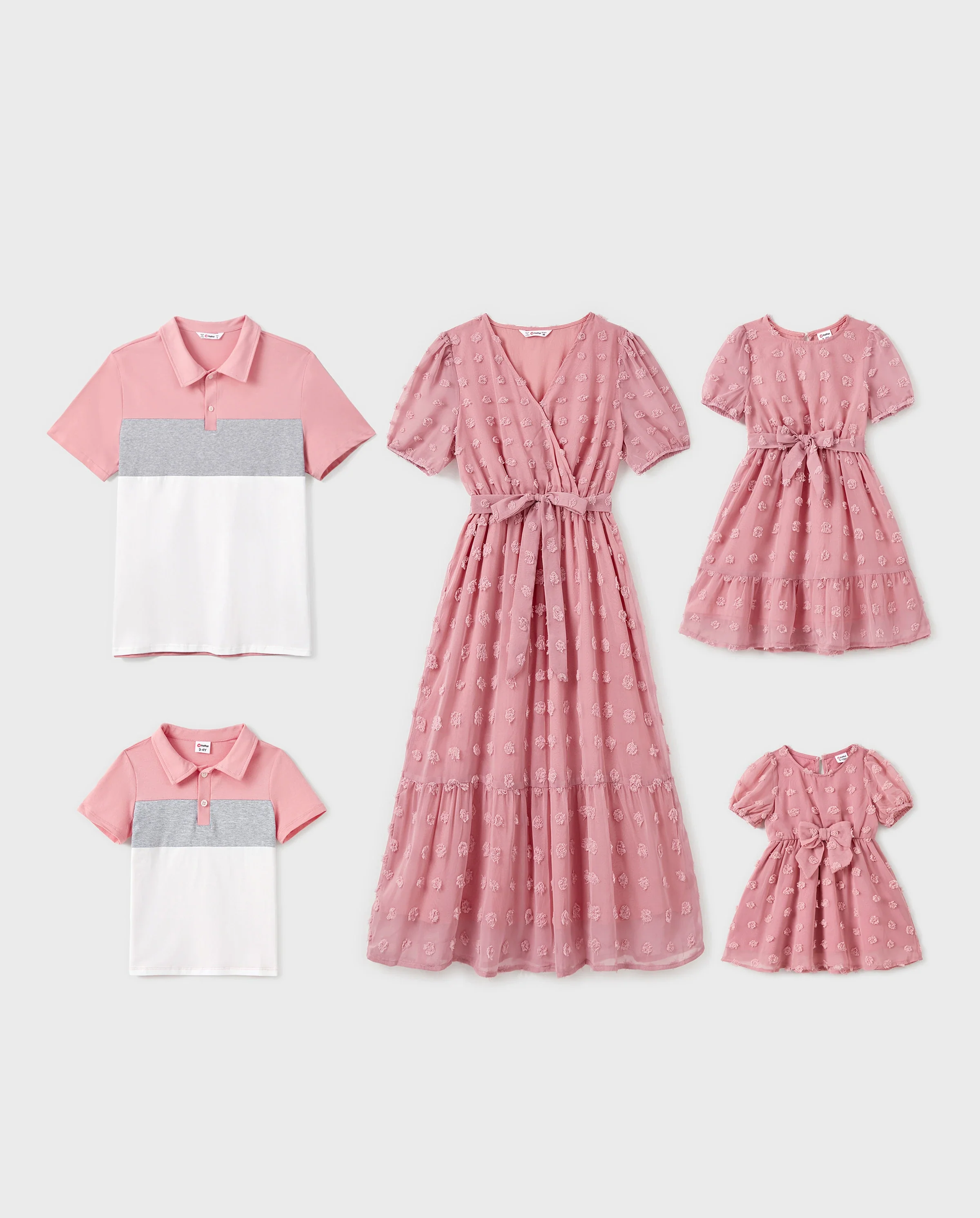 Family Matching Pink Set Solid Colorblock Polo collar Short-sleeve Shirt or Ruffle-sleeve Belted Dress Pink - Image 10