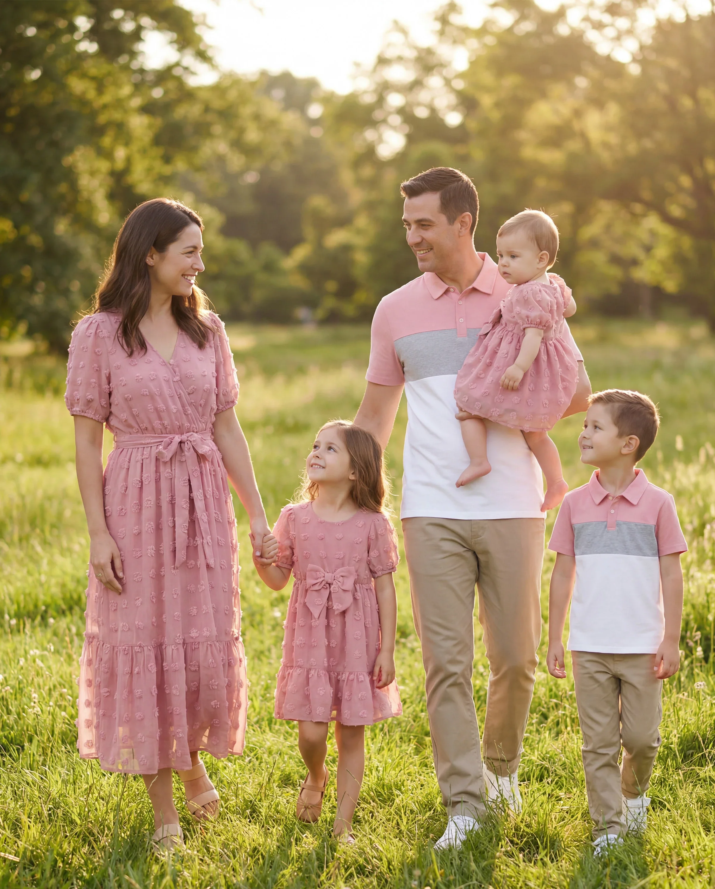 Family Matching Pink Set Solid Colorblock Polo collar Short-sleeve Shirt or Ruffle-sleeve Belted Dress Pink - Image 11
