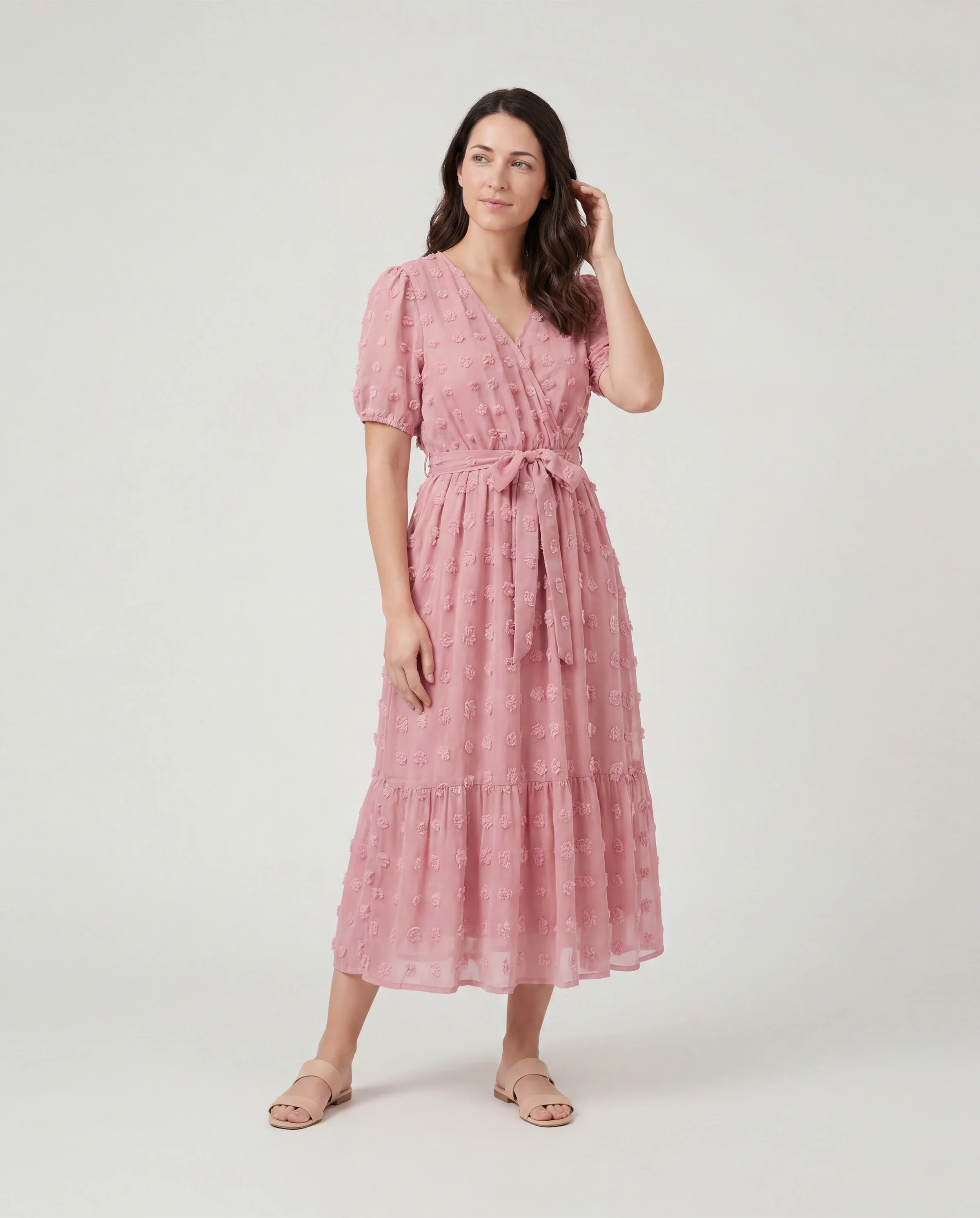 Family Matching Pink Set Solid Colorblock Polo collar Short-sleeve Shirt or Ruffle-sleeve Belted Dress Pink - Image 2