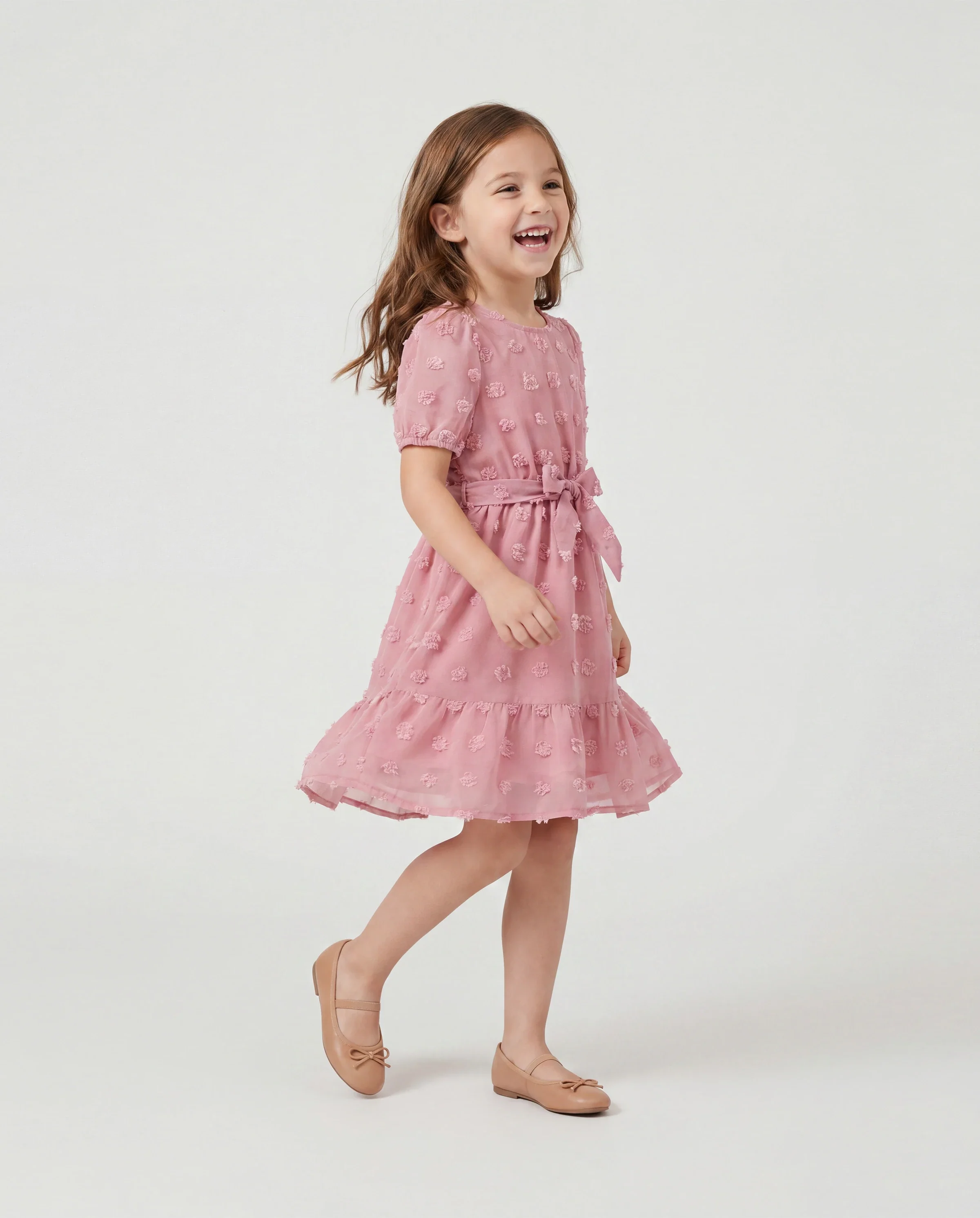 Family Matching Pink Set Solid Colorblock Polo collar Short-sleeve Shirt or Ruffle-sleeve Belted Dress Pink - Image 3