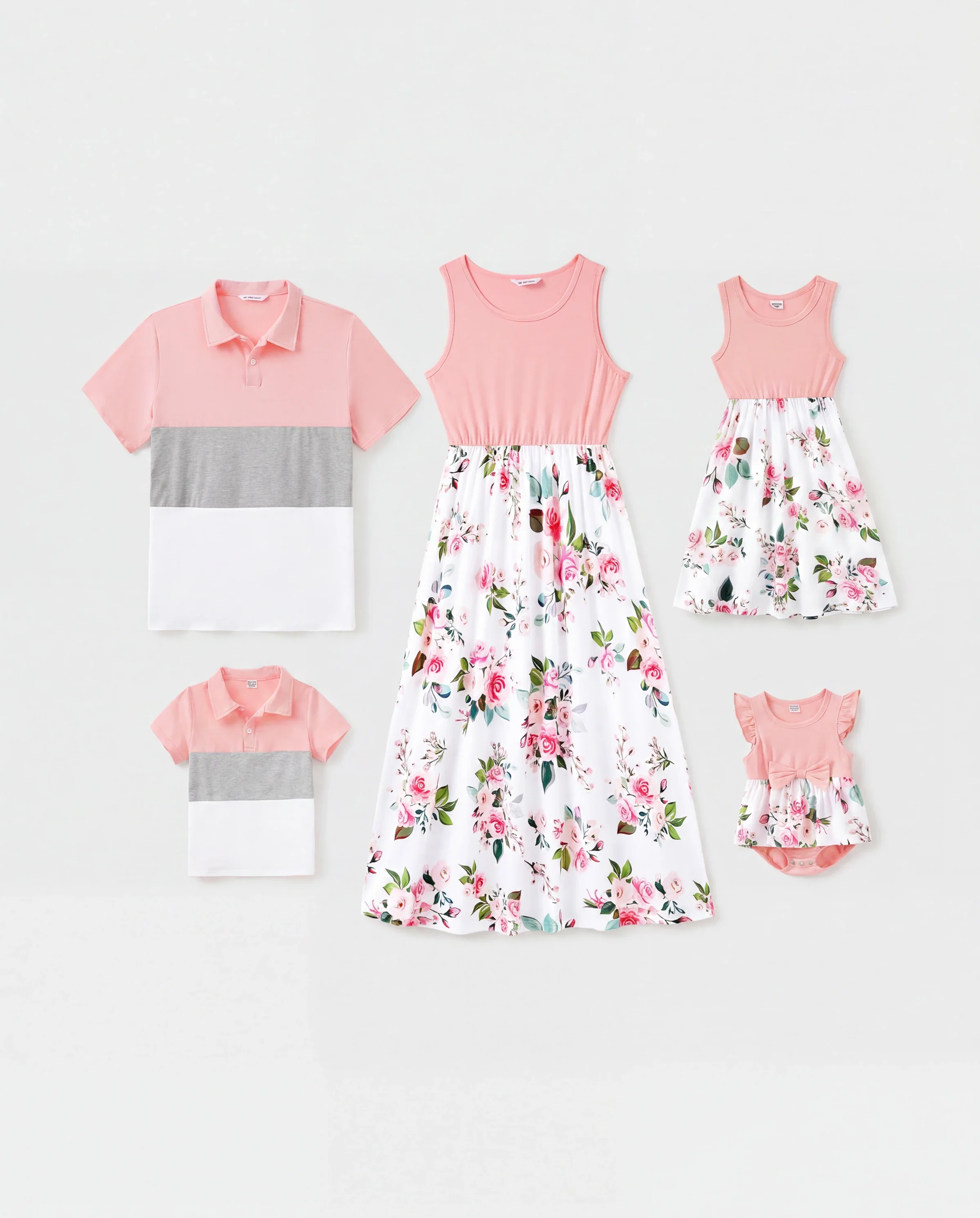 Family Matching Pink Sleeveless Splicing Floral Print Midi Dresses and Colorblock Short-sleeve Polo Shirts Sets Pink - Image 10