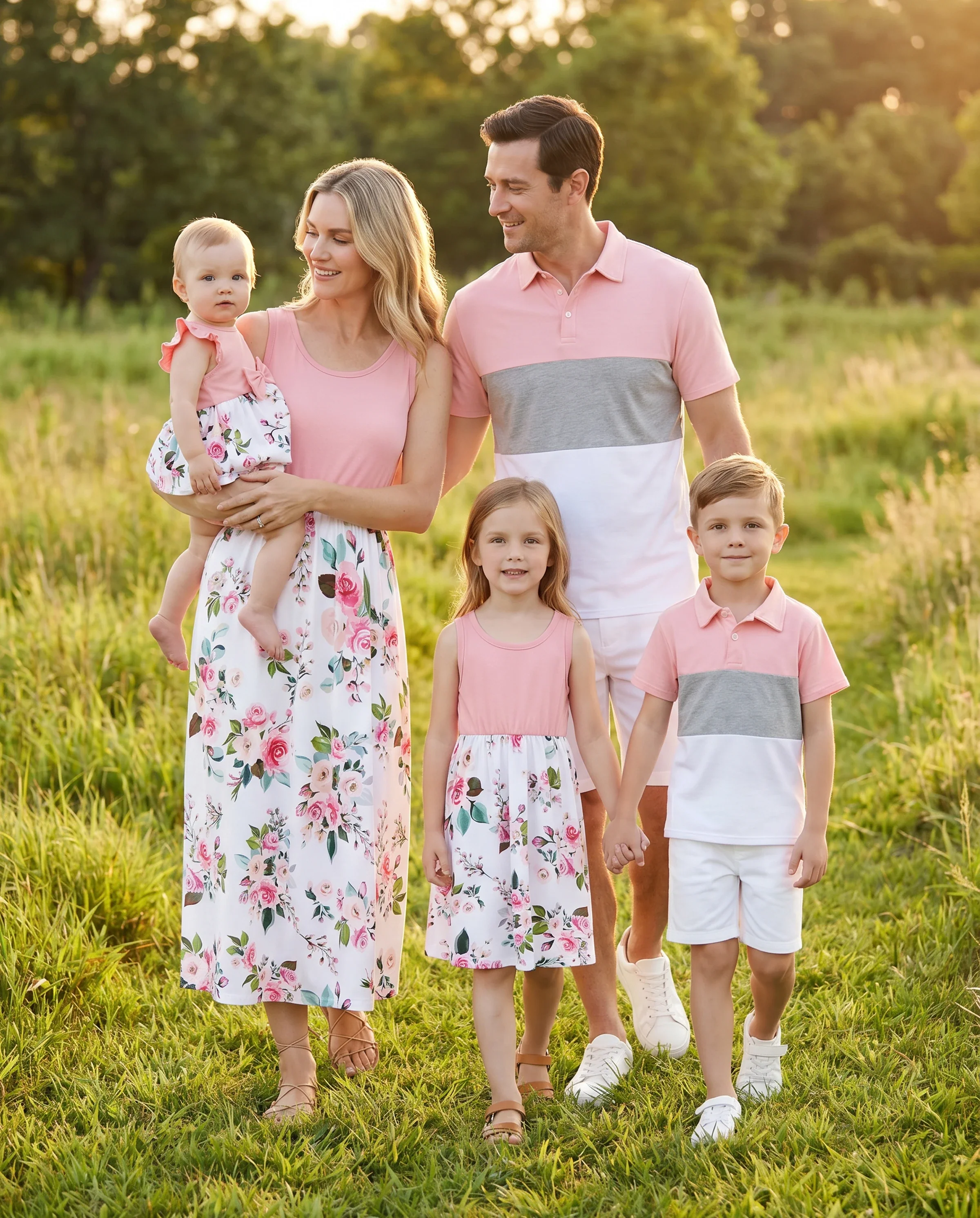 Family Matching Pink Sleeveless Splicing Floral Print Midi Dresses and Colorblock Short-sleeve Polo Shirts Sets Pink - Image 11