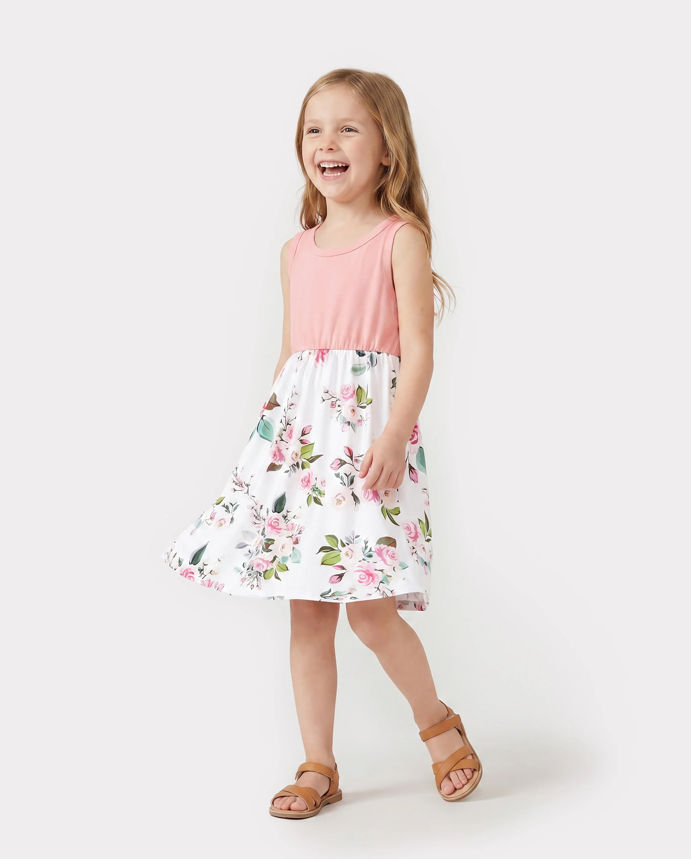 Family Matching Pink Sleeveless Splicing Floral Print Midi Dresses and Colorblock Short-sleeve Polo Shirts Sets Pink - Image 3