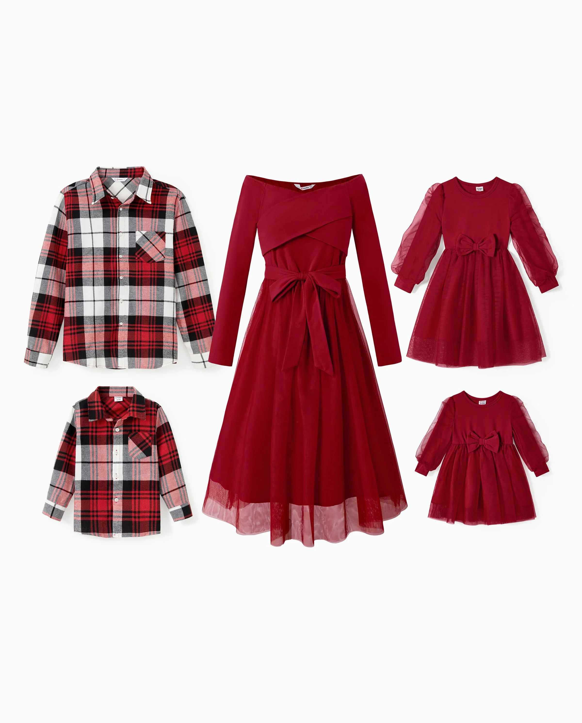 Family Matching Plaid Shirt Tops and Red Mesh Splice Belted Dresses Sets Burgundy - Image 10