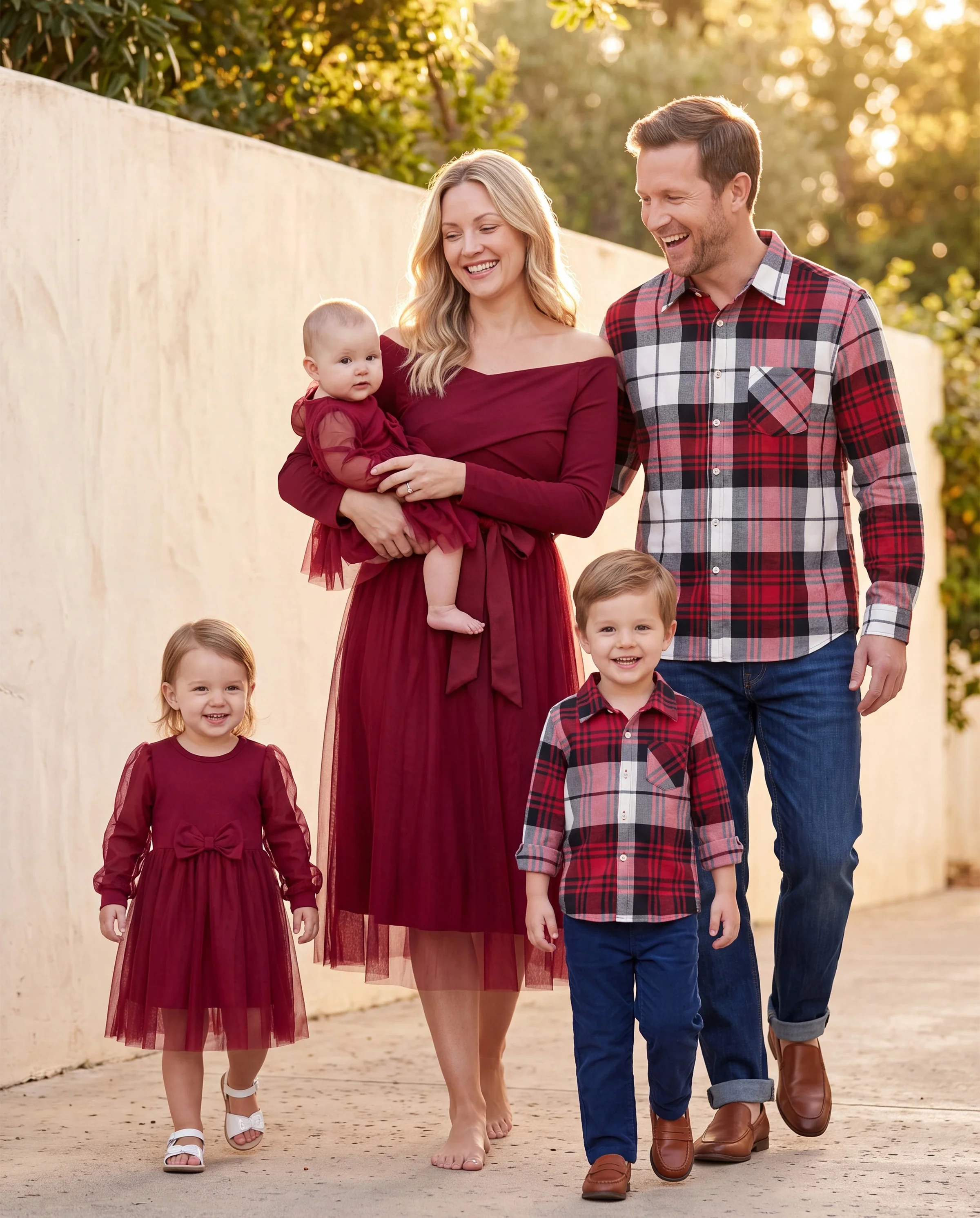 Family Matching Plaid Shirt Tops and Red Mesh Splice Belted Dresses Sets Burgundy - Image 11