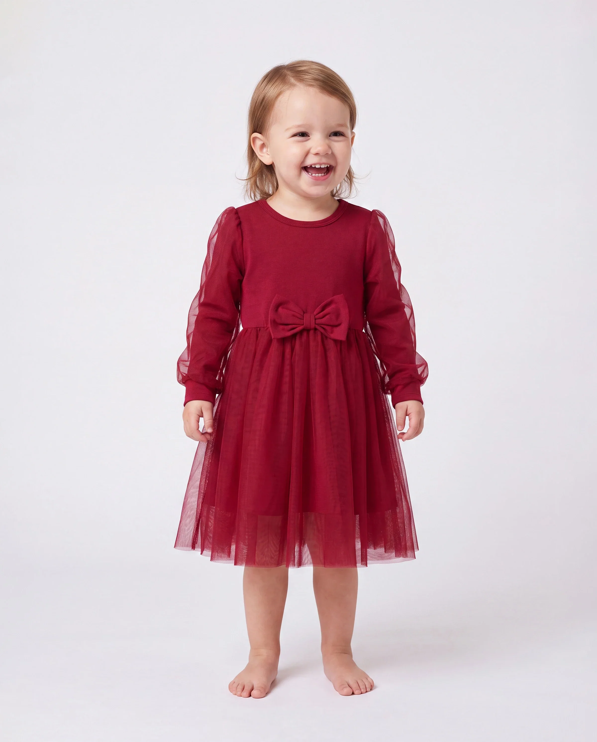 Family Matching Plaid Shirt Tops and Red Mesh Splice Belted Dresses Sets Burgundy - Image 3