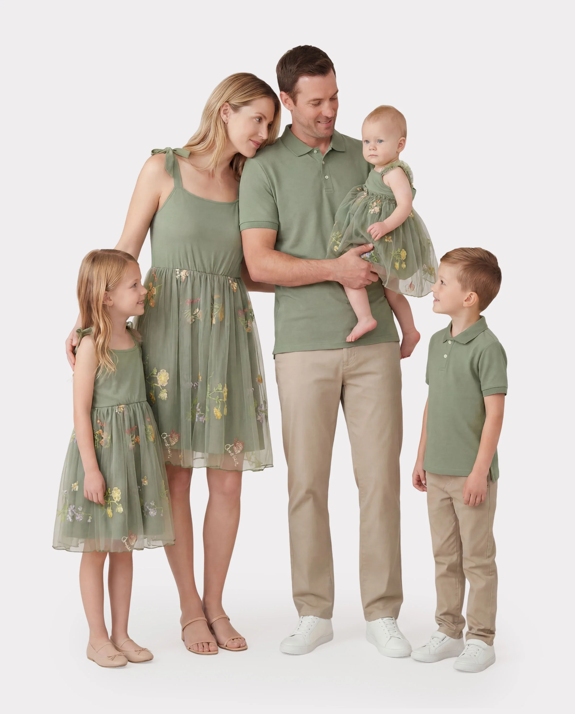 Family Matching Polo Collar Short-sleeve Shirt or V-neck Strappy Mesh Dress  Green