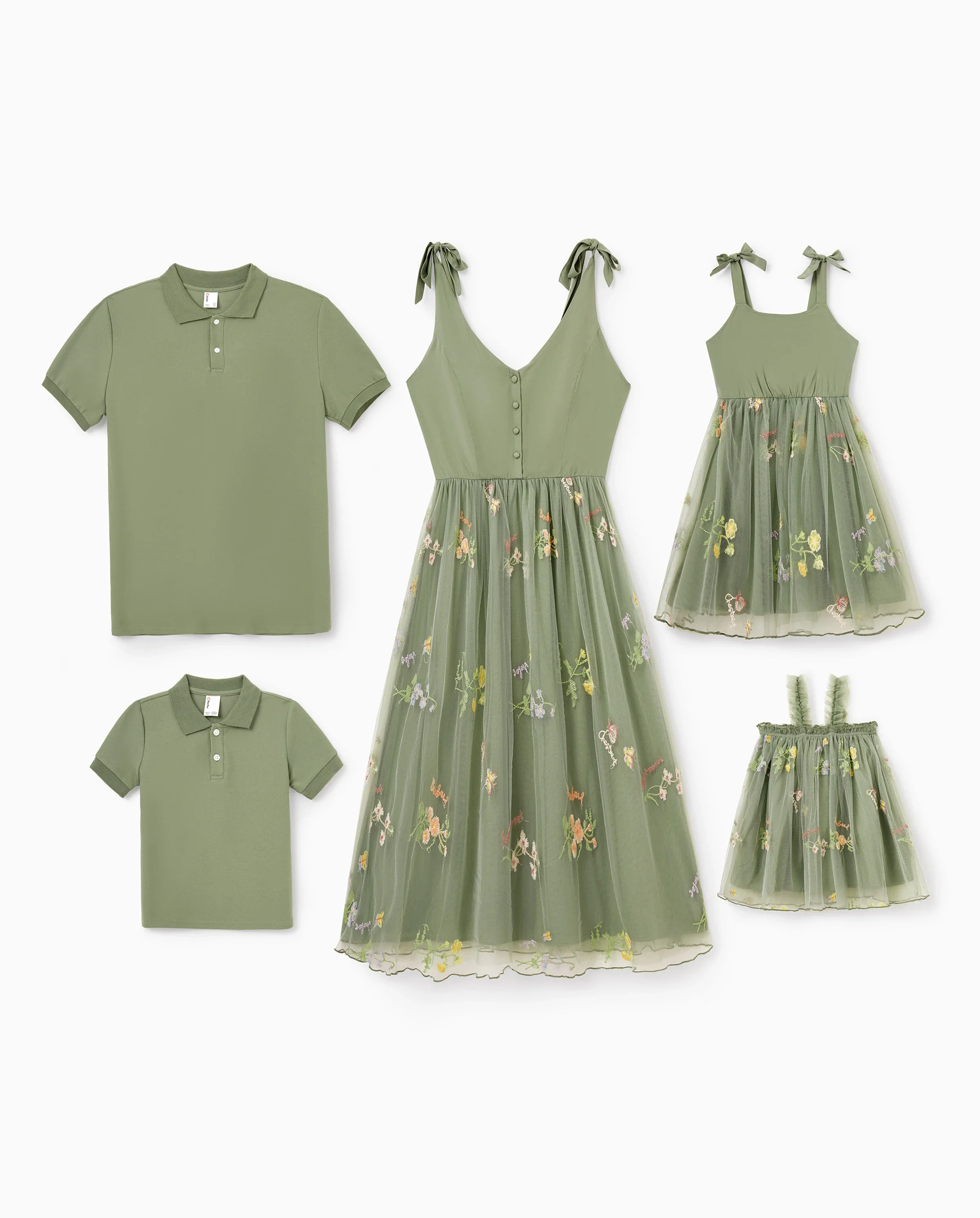 Family Matching Polo Collar Short-sleeve Shirt or V-neck Strappy Mesh Dress  Green - Image 10