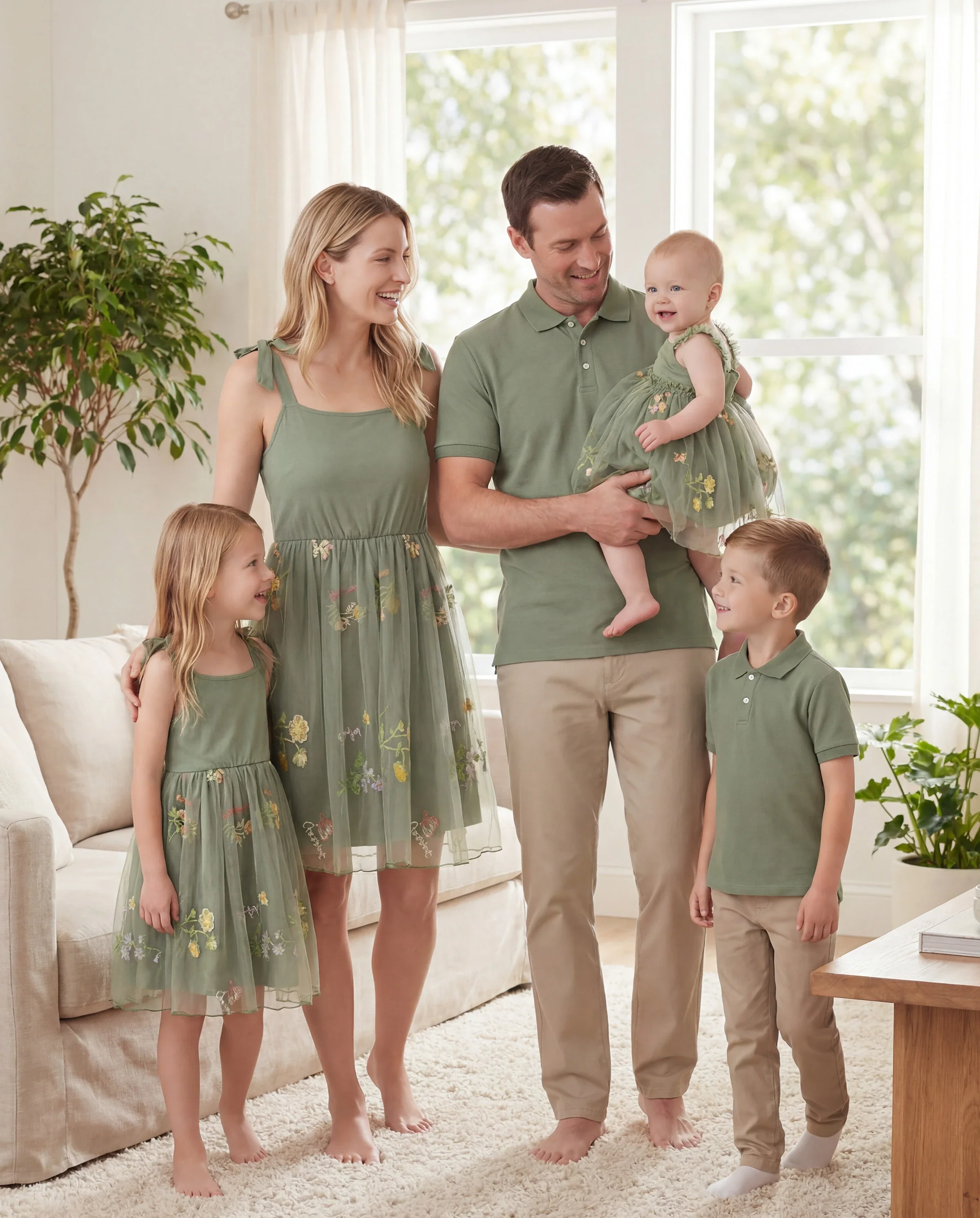 Family Matching Polo Collar Short-sleeve Shirt or V-neck Strappy Mesh Dress  Green - Image 11