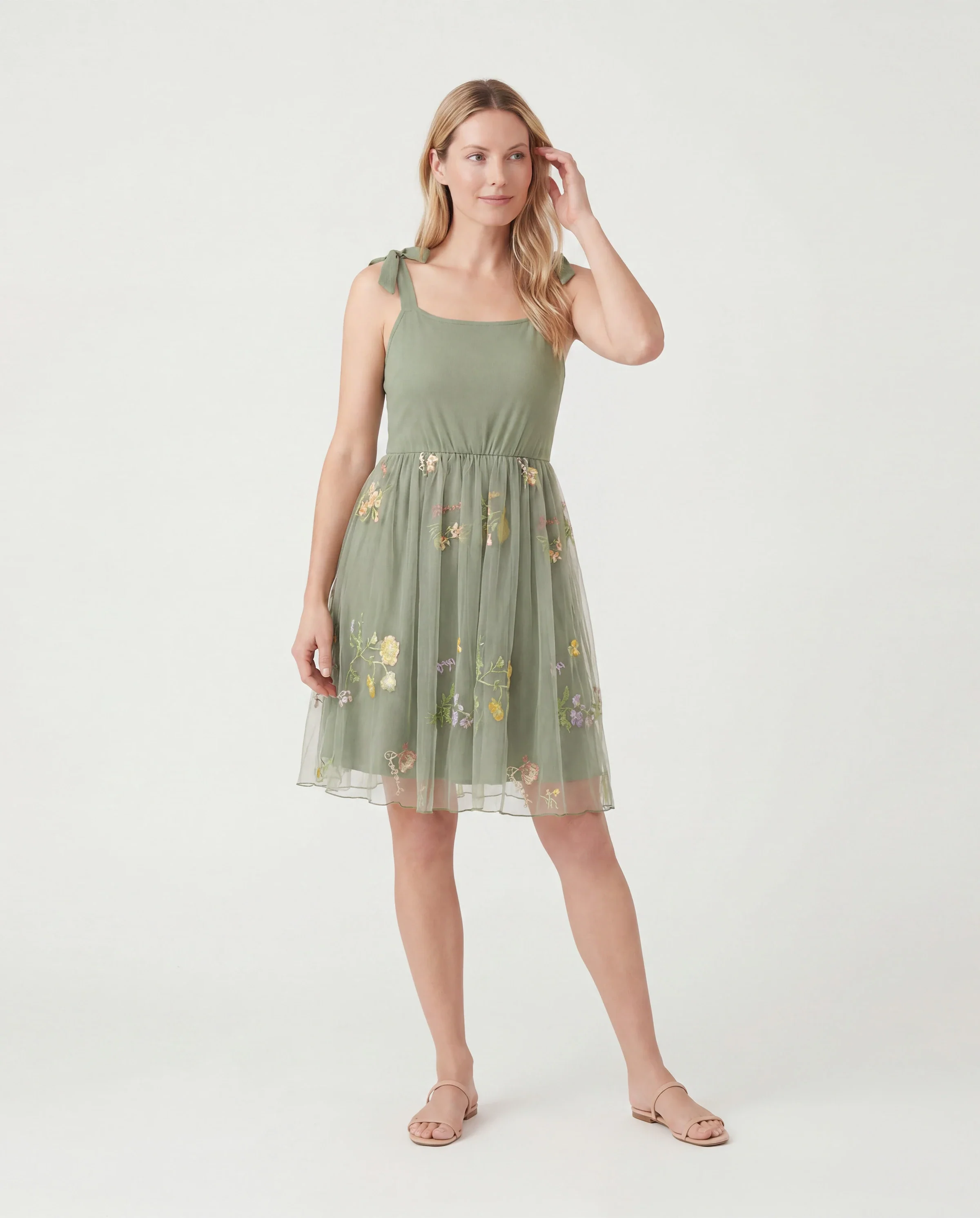 Family Matching Polo Collar Short-sleeve Shirt or V-neck Strappy Mesh Dress  Green - Image 2