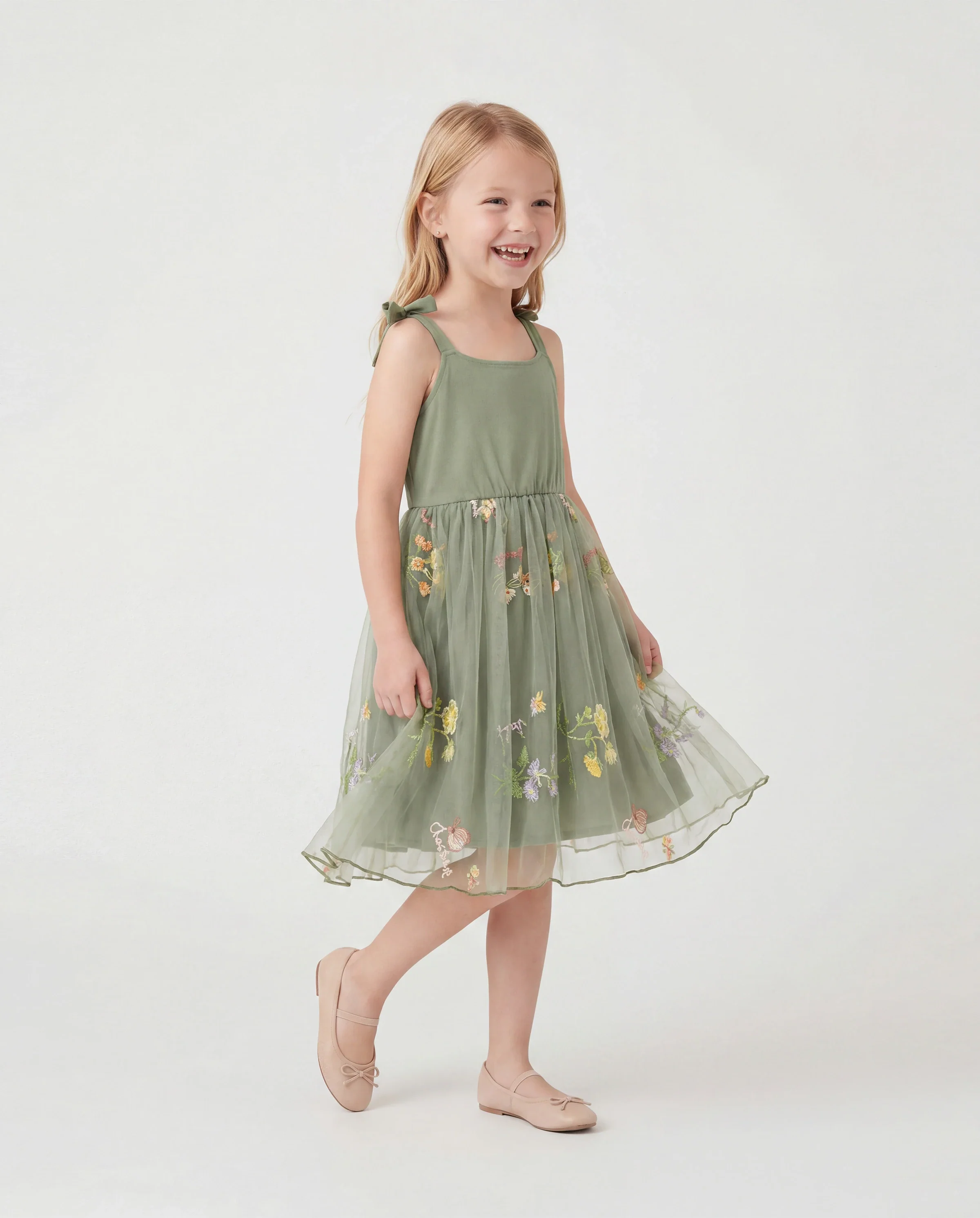 Family Matching Polo Collar Short-sleeve Shirt or V-neck Strappy Mesh Dress  Green - Image 3