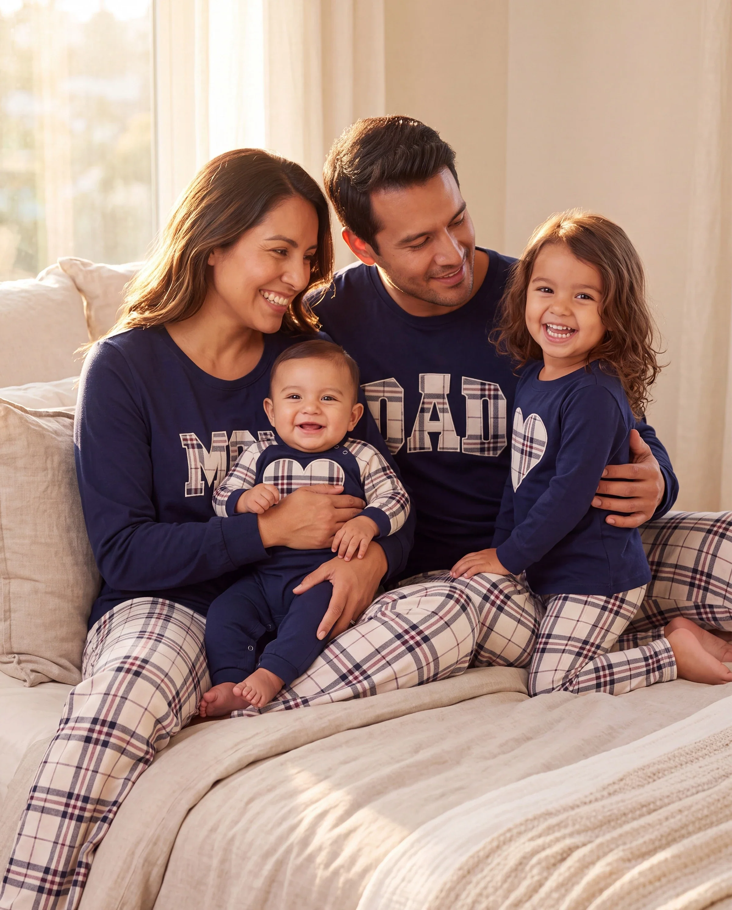 Family Matching School Grid Letter Print Patch Long Sleeve Pajamas Sets Blue - Image 10
