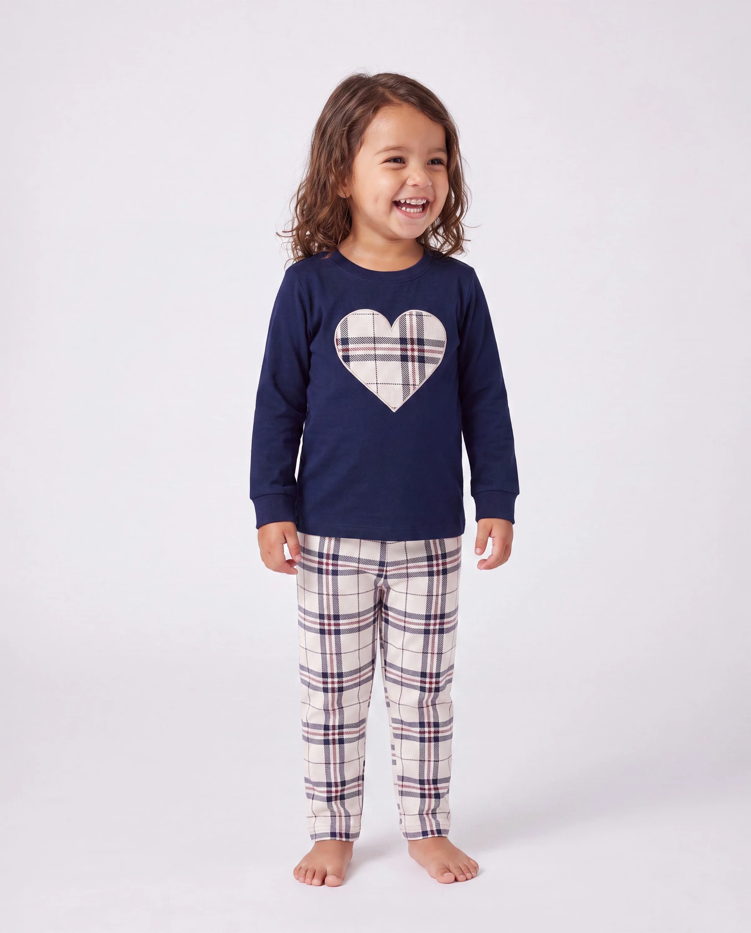 Family Matching School Grid Letter Print Patch Long Sleeve Pajamas Sets Blue - Image 3