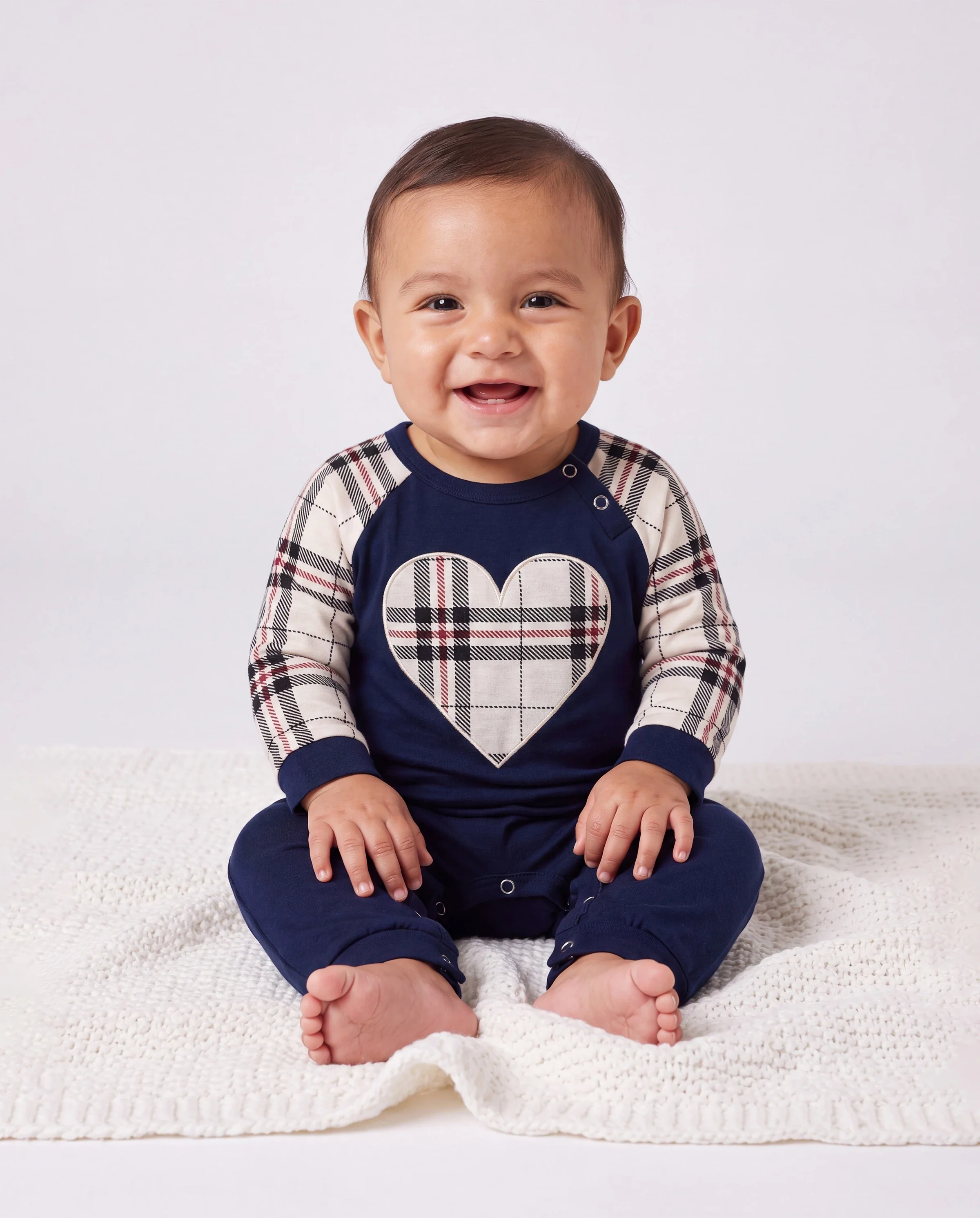 Family Matching School Grid Letter Print Patch Long Sleeve Pajamas Sets Blue - Image 4