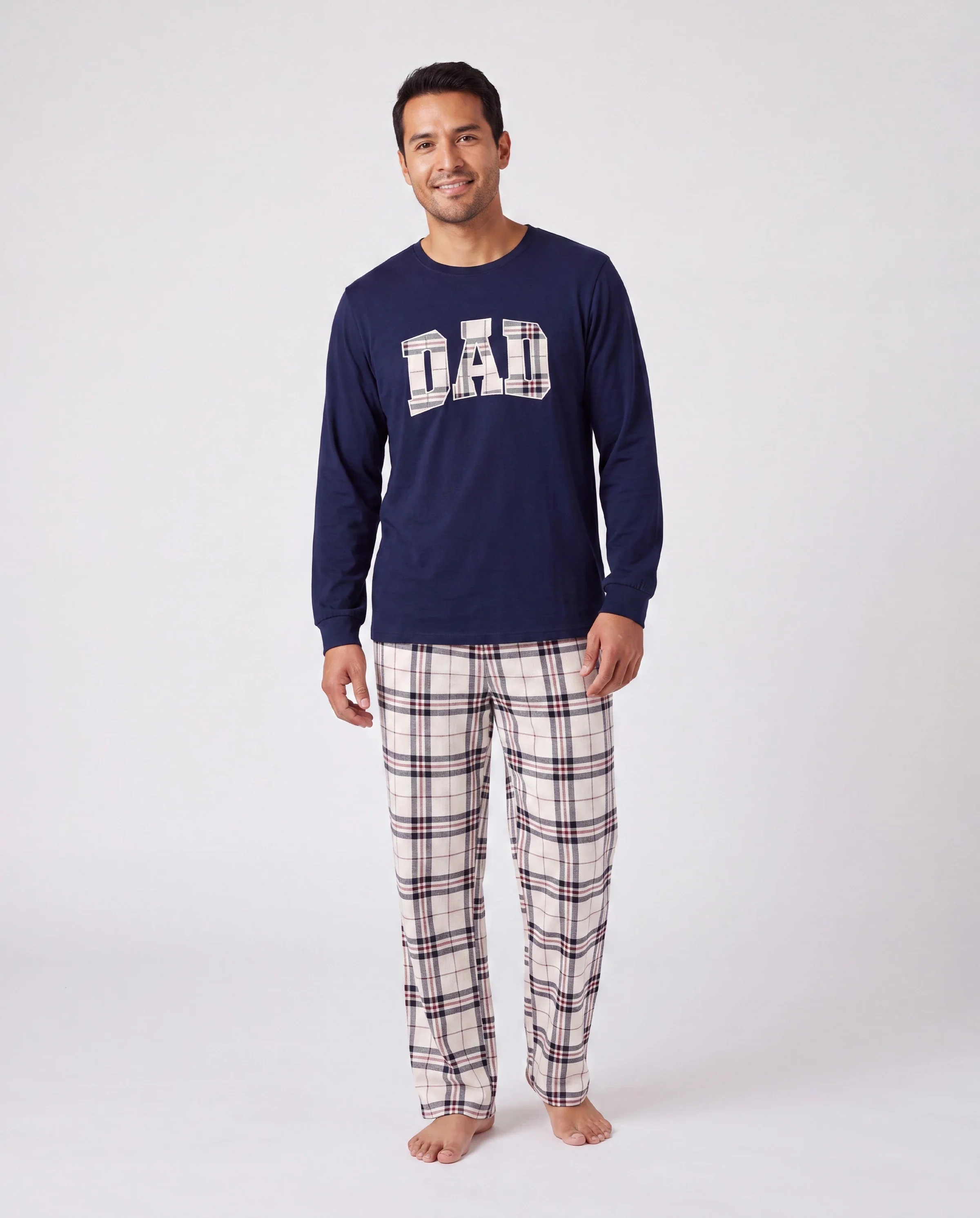Family Matching School Grid Letter Print Patch Long Sleeve Pajamas Sets Blue - Image 5