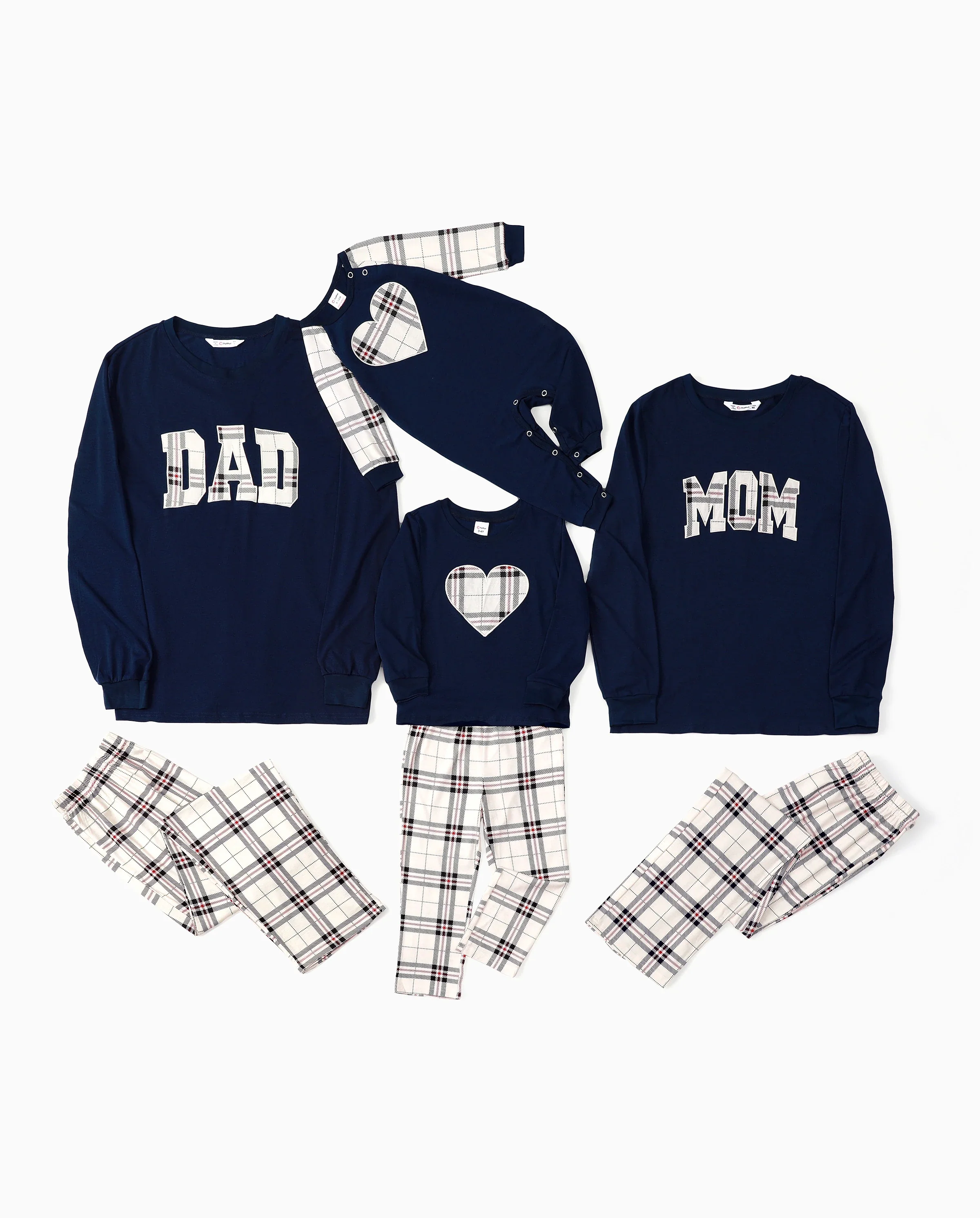 Family Matching School Grid Letter Print Patch Long Sleeve Pajamas Sets Blue - Image 9