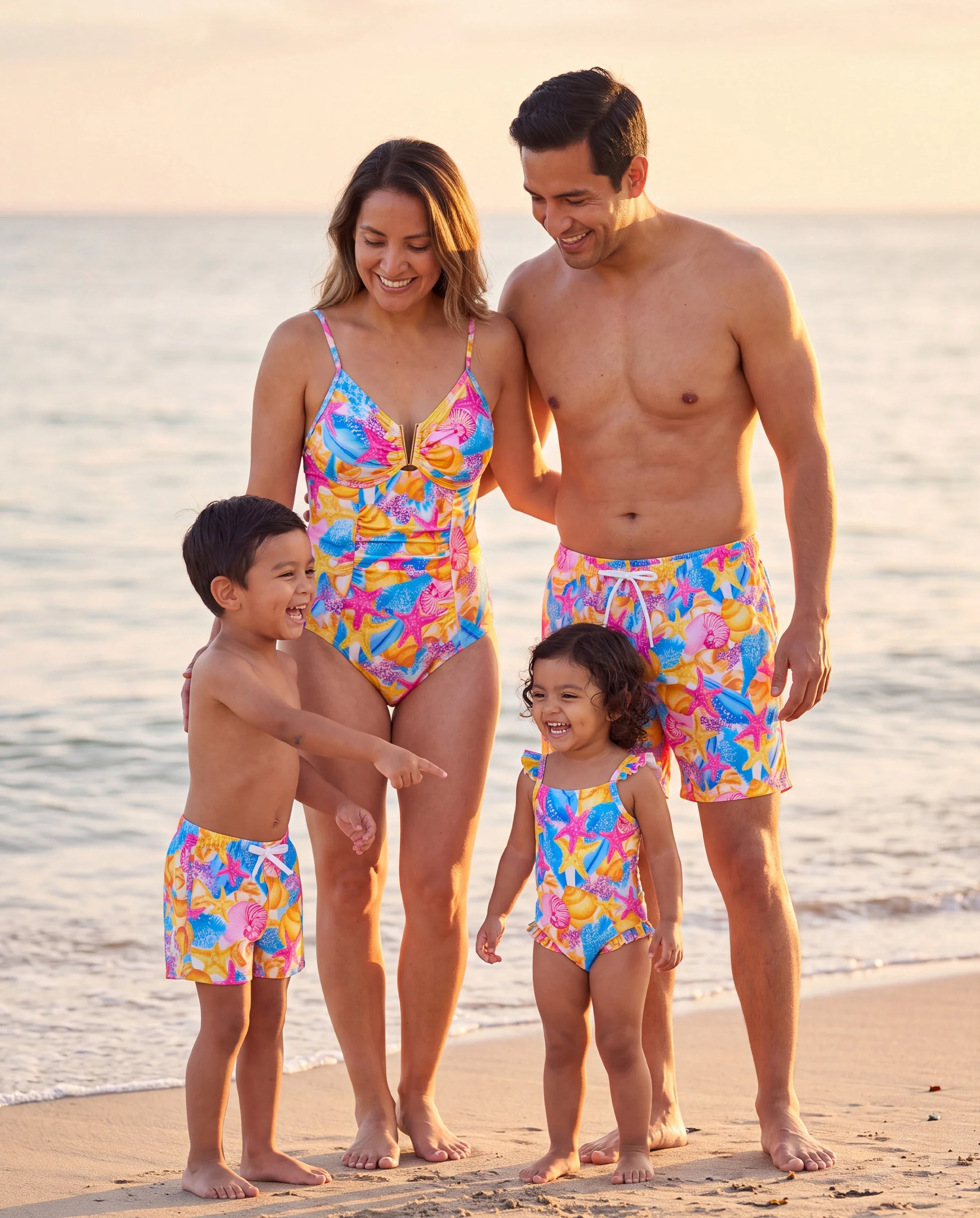Family Matching Seashell & Starfish Print Swimsuits Ruched One-Piece & Swim Trunks Set Multi-color - Image 10