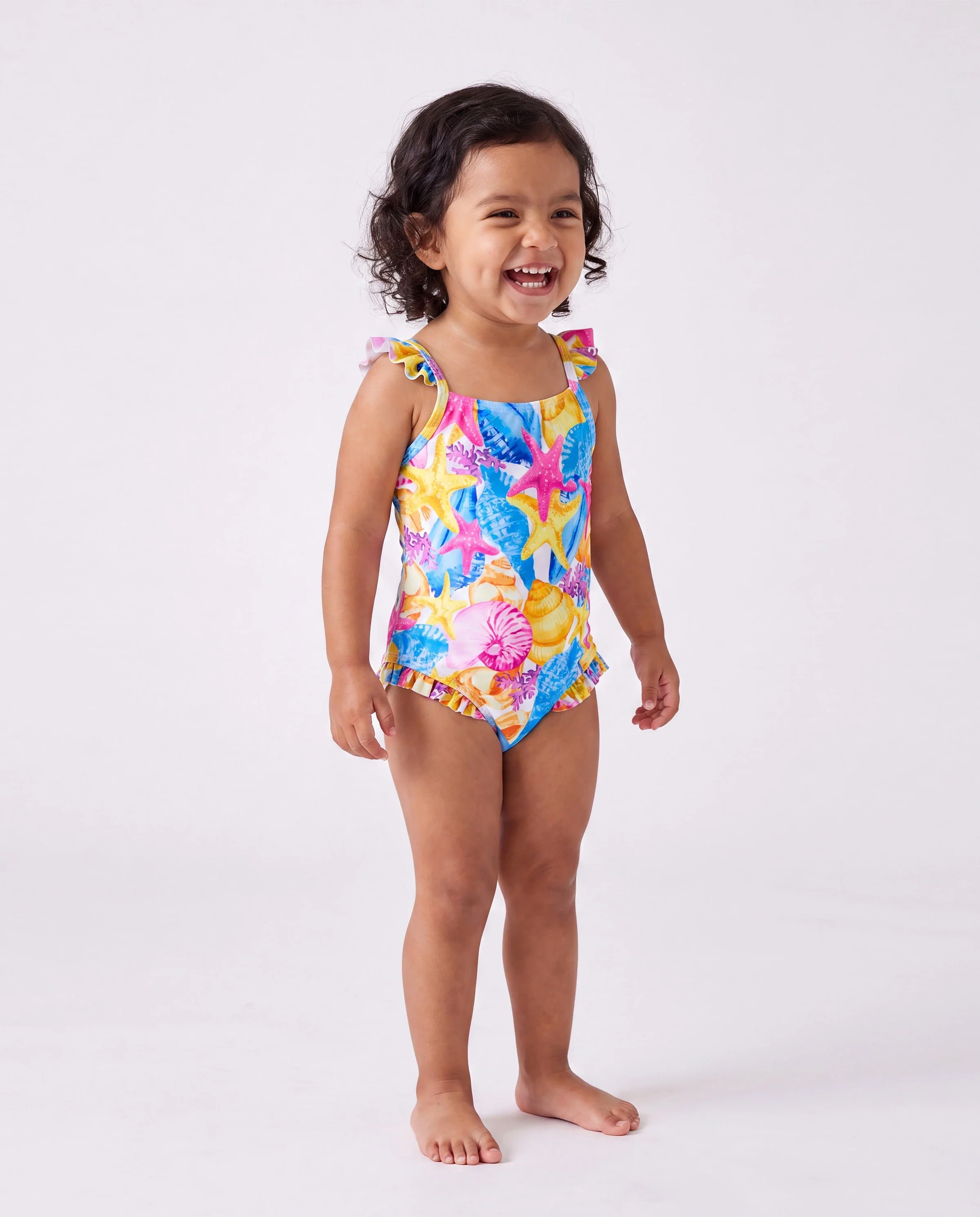 Family Matching Seashell & Starfish Print Swimsuits Ruched One-Piece & Swim Trunks Set Multi-color - Image 3
