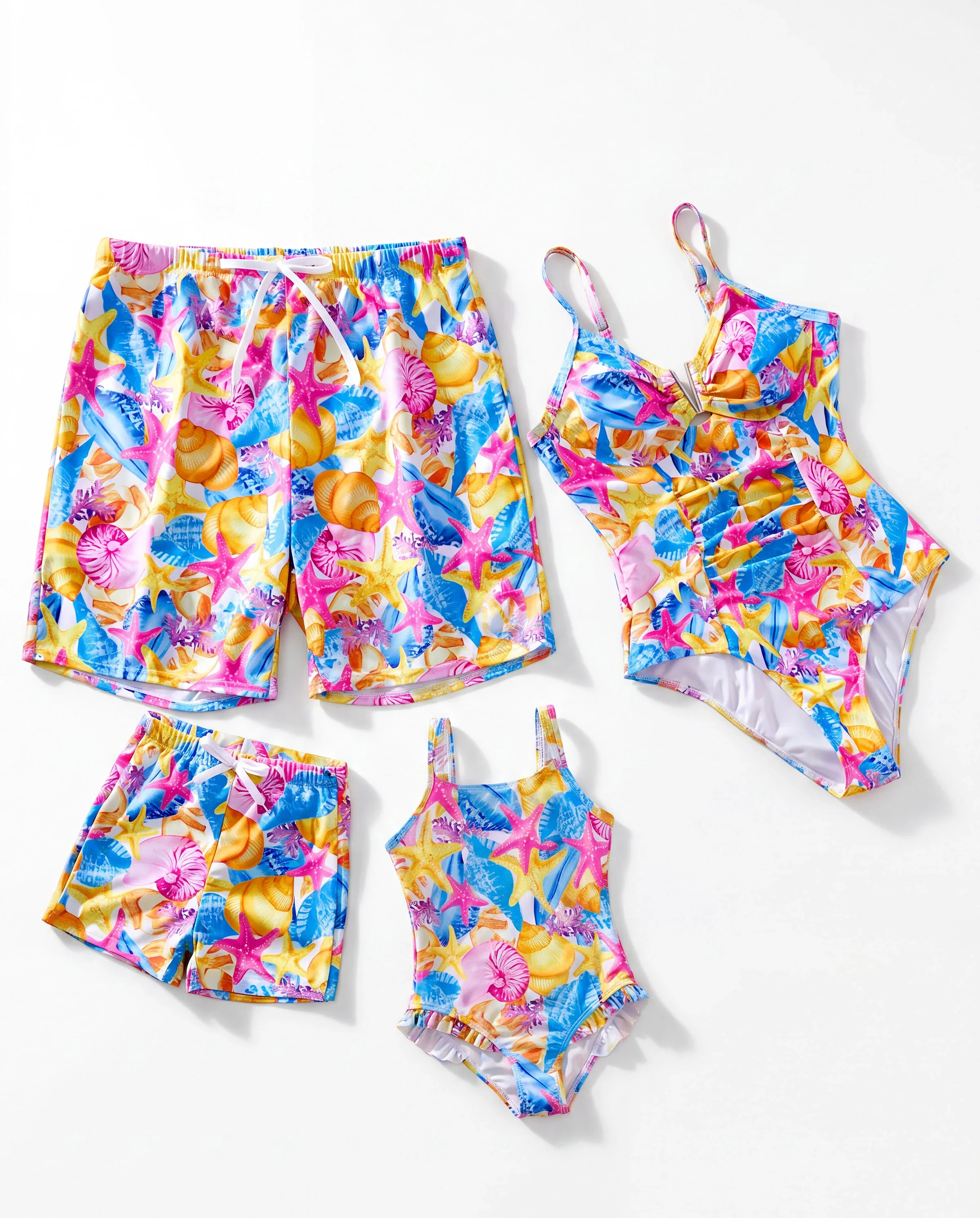 Family Matching Seashell & Starfish Print Swimsuits Ruched One-Piece & Swim Trunks Set Multi-color - Image 9