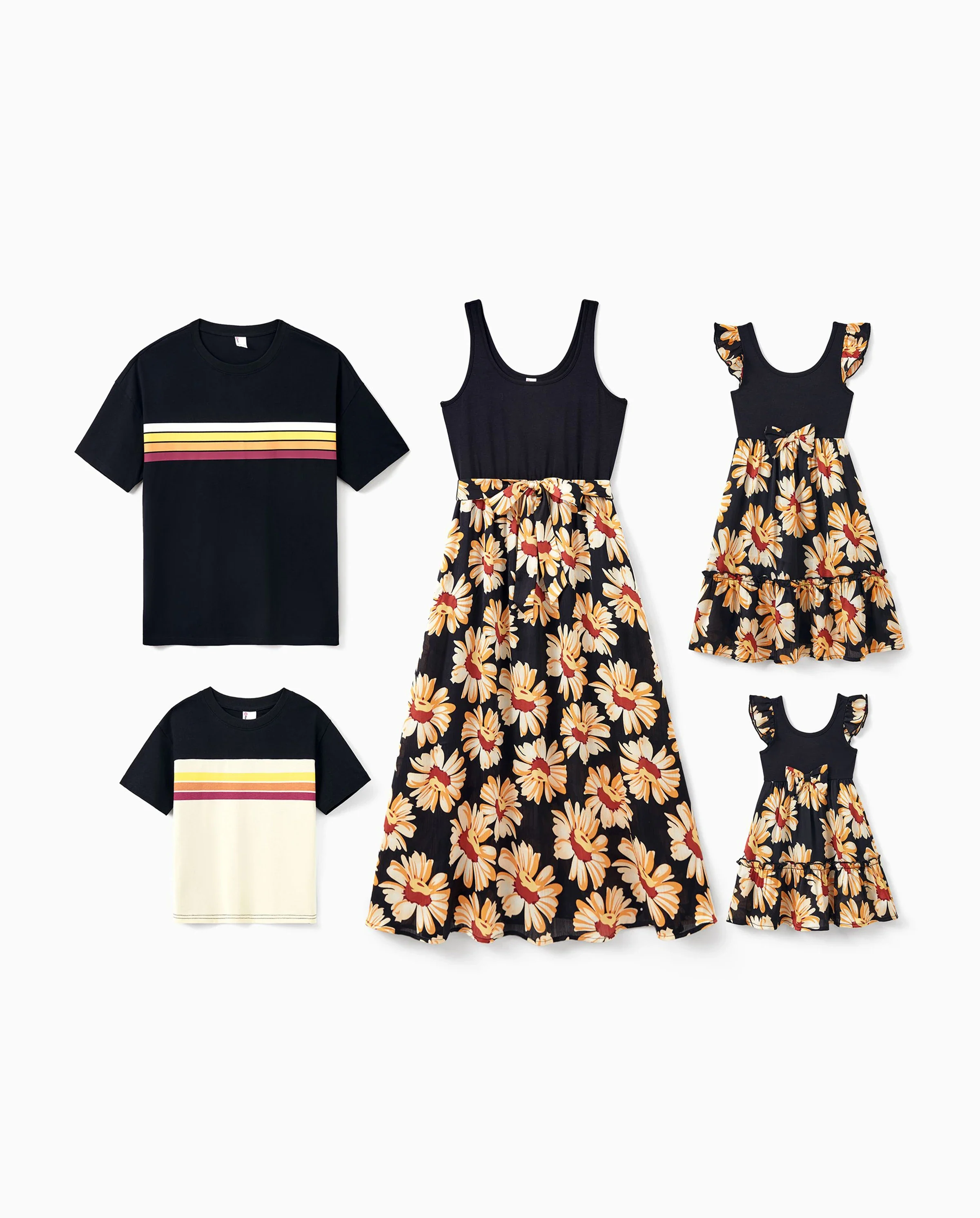 Family Matching Set Floral Sleeveless Strappy Dress or Colorblock Short-sleeve T-shirt Black - Image 10