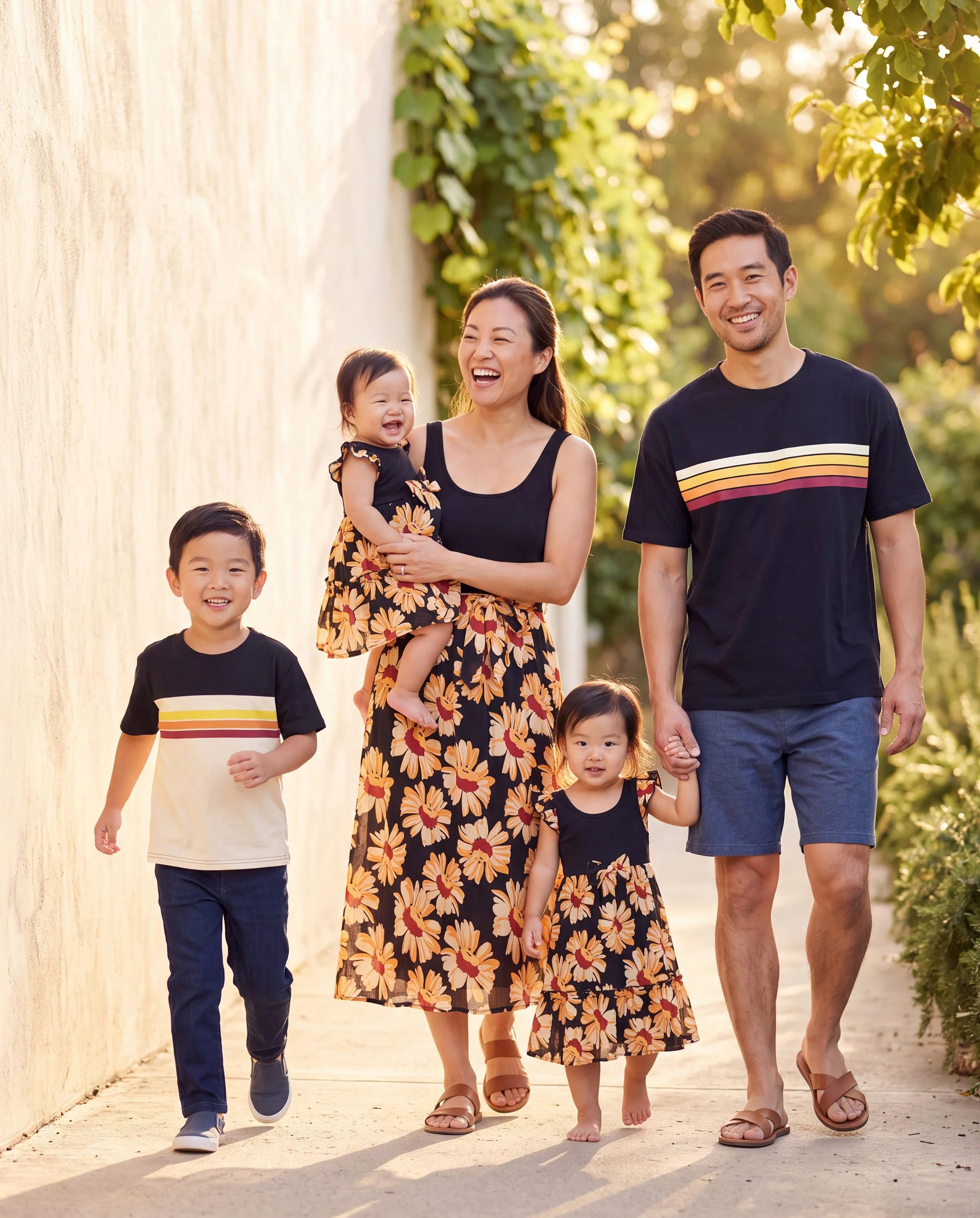 Family Matching Set Floral Sleeveless Strappy Dress or Colorblock Short-sleeve T-shirt Black - Image 11