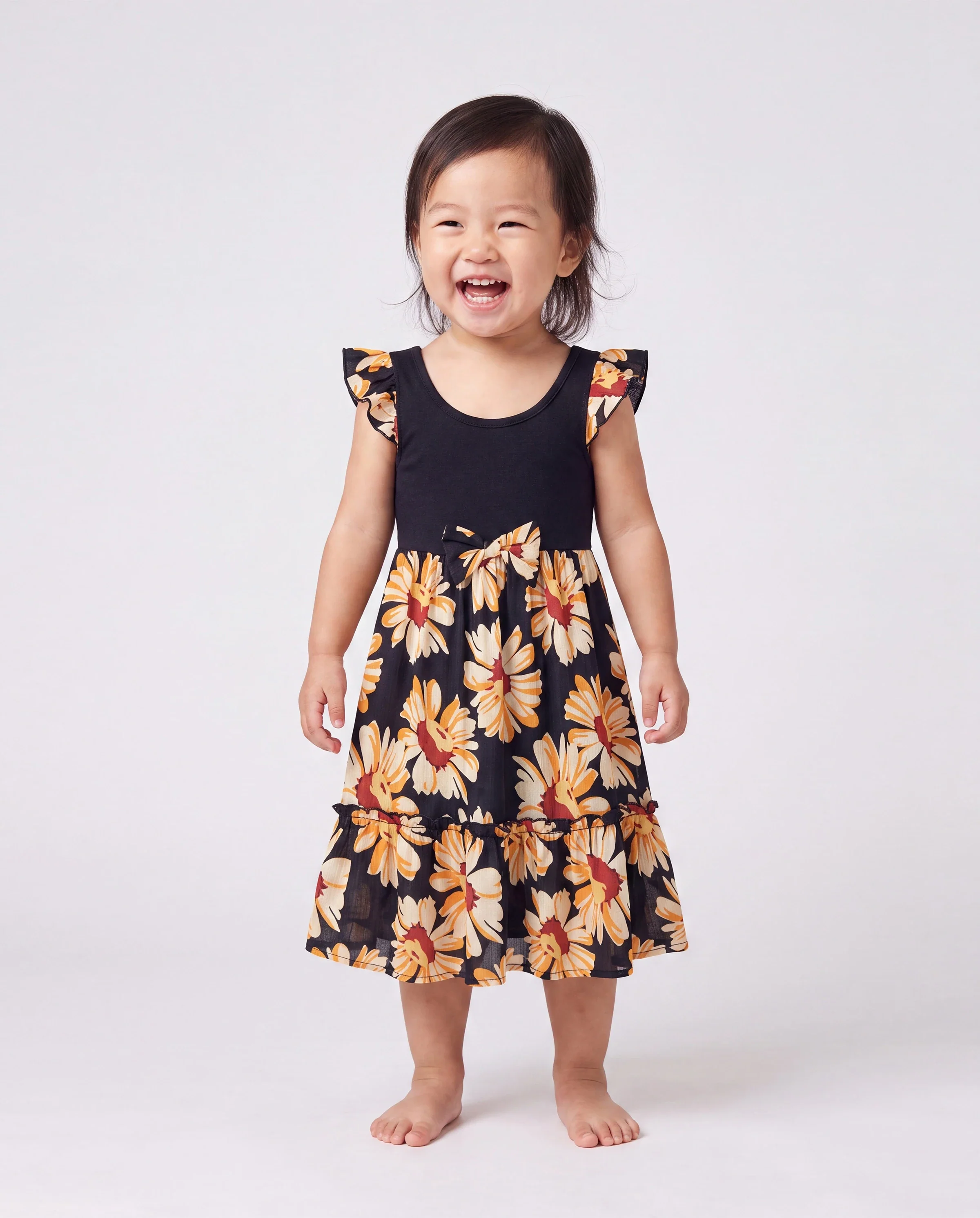Family Matching Set Floral Sleeveless Strappy Dress or Colorblock Short-sleeve T-shirt Black - Image 3